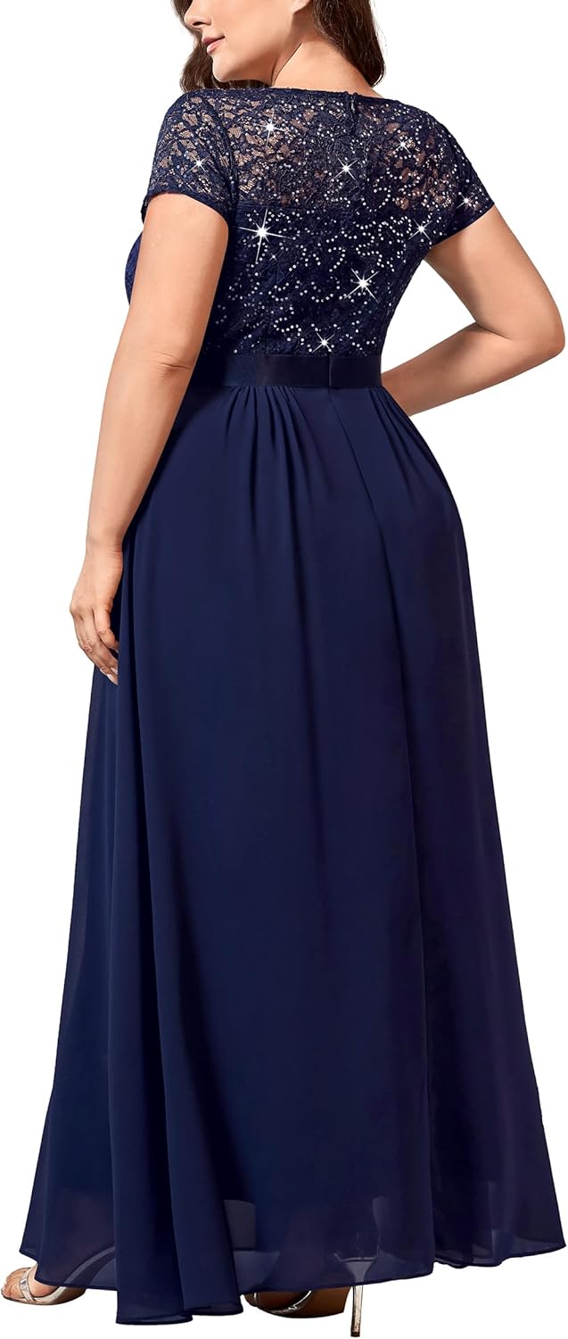 Miusol Women's Plus Size Sequin Floral Lace V Neck Formal Party Evening Gown Chiffon Maxi Dress - Image 2