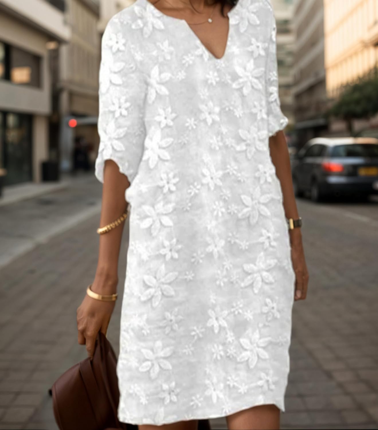 Women's Summer Vacation Trendy Floral Half Sleeve Dress Casual Baggy Knee Length V-Neck Midi Dresses for Women - Image 2