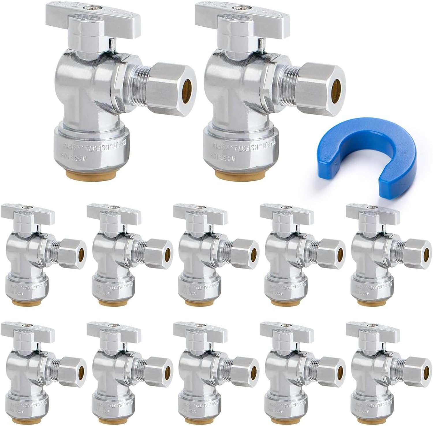 12 Pack Angle Stop Valve, 1/2" PTC x 3/8" OD Compression, Toilet Water Shut Off Valve for PEX, Copper, CPVC Pipe, Quarter-Turn Push to Connect Brass Plumbing Fitting with Disconnect Clip