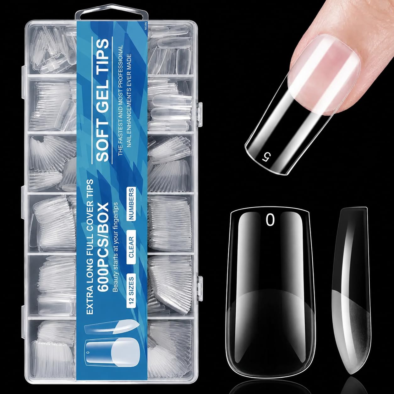 soft gel nail tips 600 pcs square shape, 12 sizes full cover clear false nail tips, flexible nail extension tips for diy home manicure, professional salon nail art and acrylic gel nail extensions