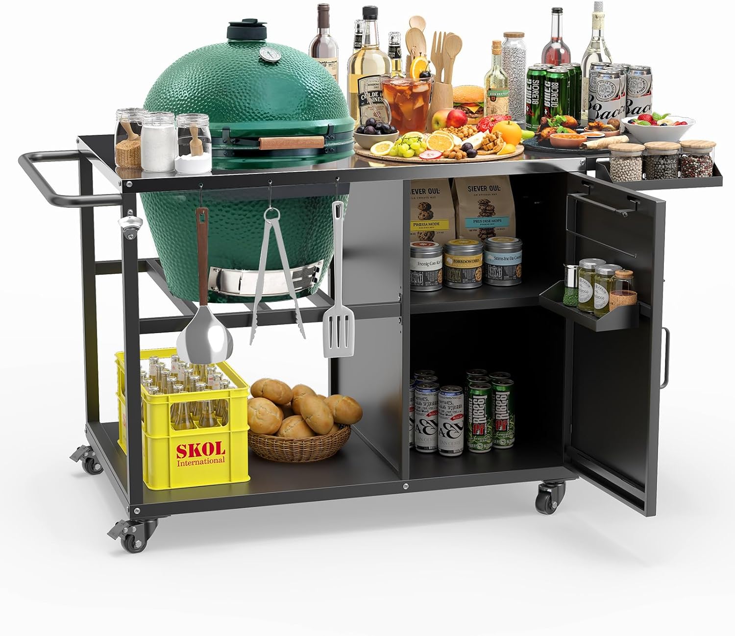 Big Green Egg Outdoor Grill Table, Portable Heavy Duty Grill Cart with Wheels, Plenty of Storage, Fits Large, Medium, and Small Big Green Egg and Kamado Joe Classic Grills