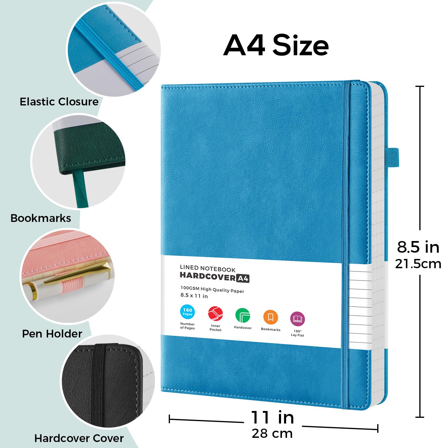 FOCUS DAY Taccuino A4 con copertina rigida, (2 pezzi), formato A4, per donne e uomini, per scrivere, formato A4 (21,5 x 28 cm), con carta a righe da 100 g/m², portapenne, copertina in pelle PU, blu e