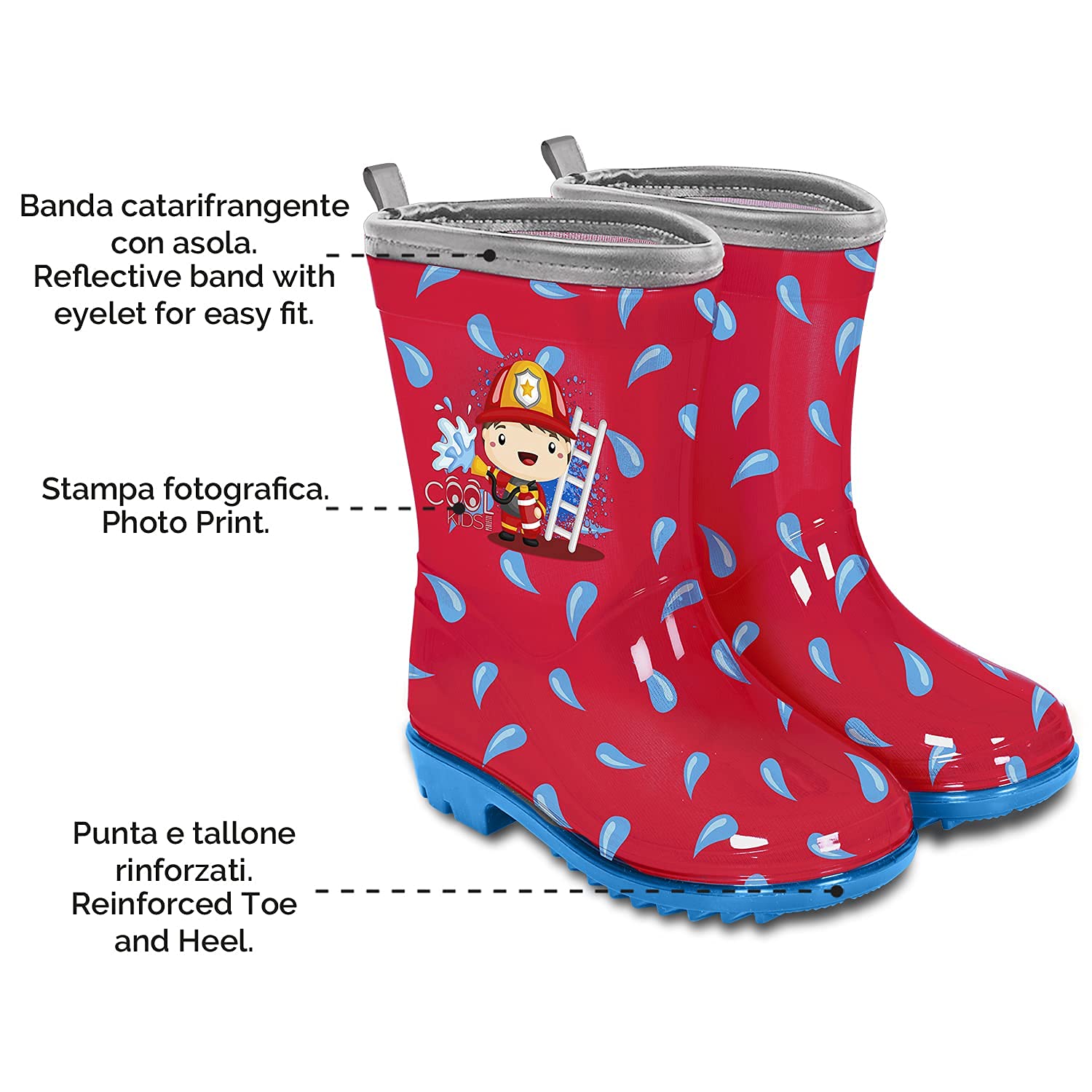 PERLETTI Pluie Enfant de Bottes Bottines Rouges - Garçon Matériau PVC Petit Détails Réfléchissants avec Imperméables Chaussures Enfants Semelle Antidérapante