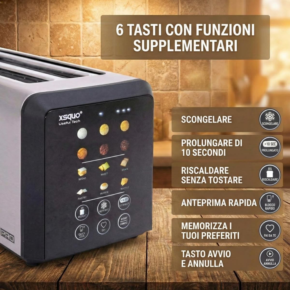 Tostapane Smart Touch Screen in Acciaio Inox - Tostapane 2 Fette con Display LED e Conto alla Rovescia, 6 Programmi di Tostatura, Funzioni Scongelamento e Riscaldamento, Vassoio Raccoglibriciole