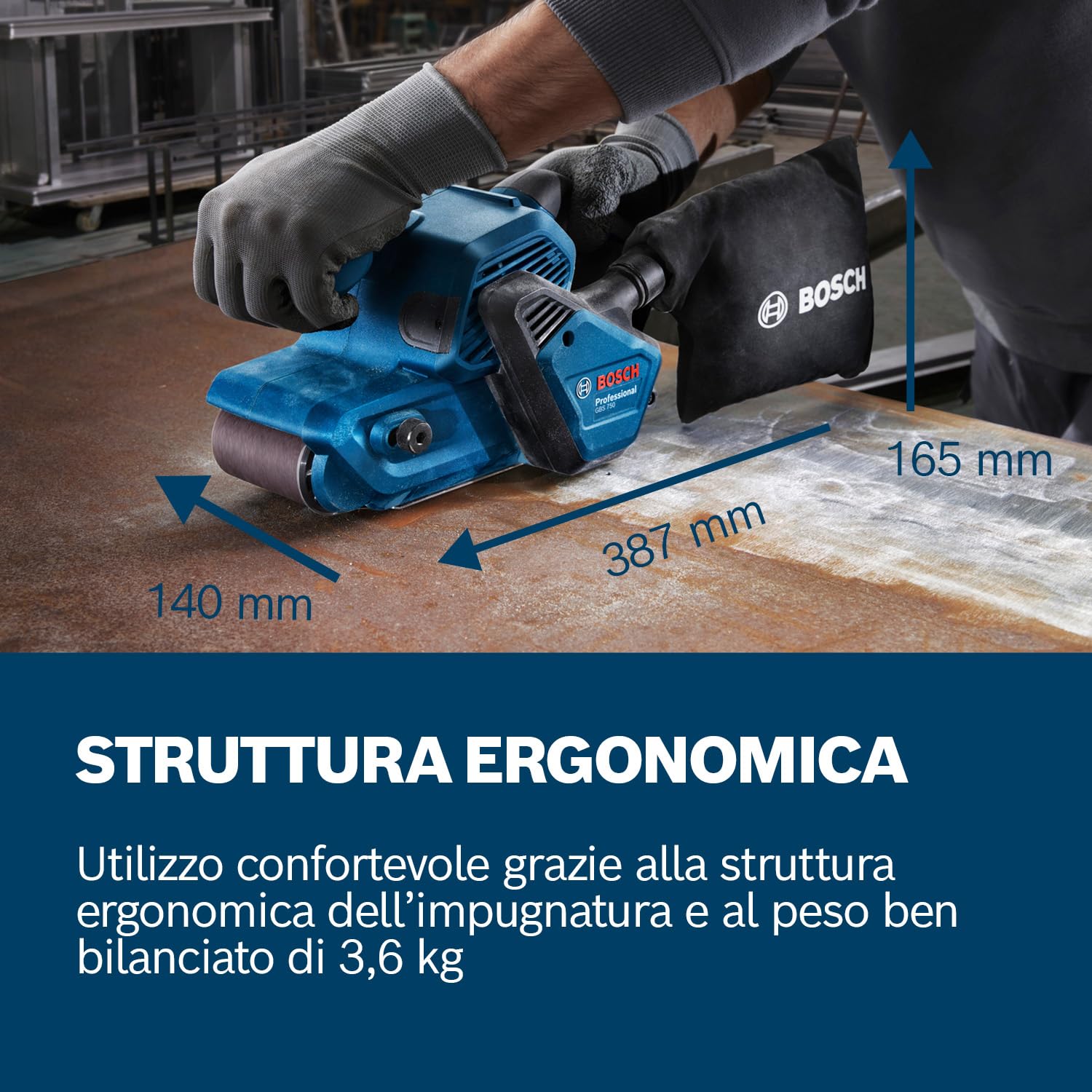 Bosch Professional Levigatrice a nastro GBS 750 (motore da 850 W, incl. nastro per levigatura in tessuto, sacchetto raccoglipolvere)