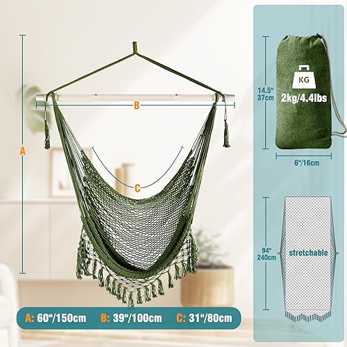 Miniatura 4 de Chihee - Silla para colgar con cuerda de algodón, diseño de cuerda de algodón hilado, barra de madera dura, asiento ancho con encaje para interior y