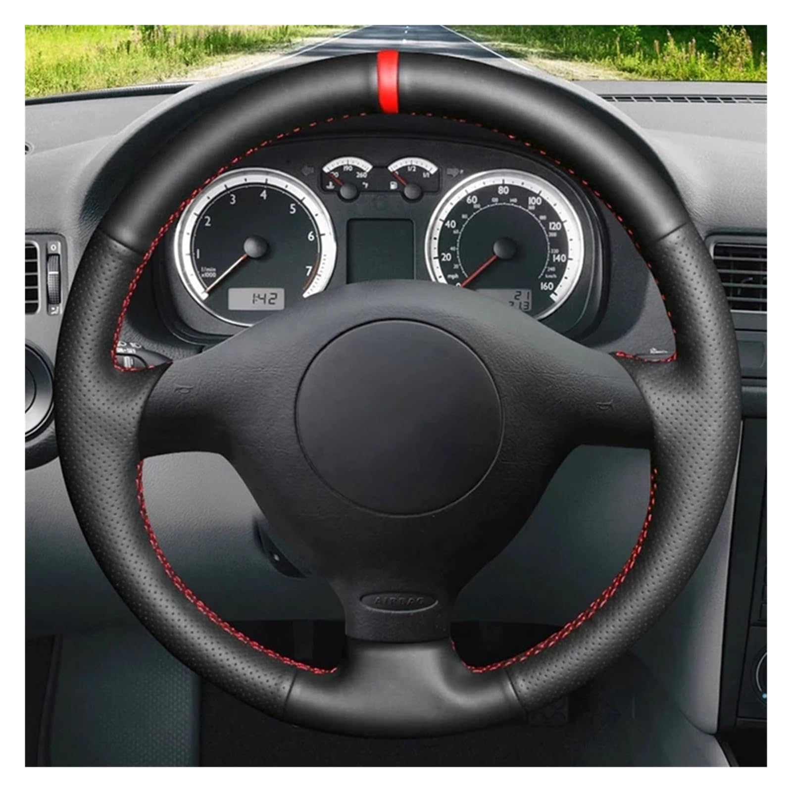 Funda Volante Coche Para Seat Para Leon MK1 (1M) 1998-2005 Para Skoda Para Fabia RS 2003 Para Fabia 1 (6Y) 2004-2005 Protector cuero artificial negro para volante coche Cubierta de Volante(Red Thread)