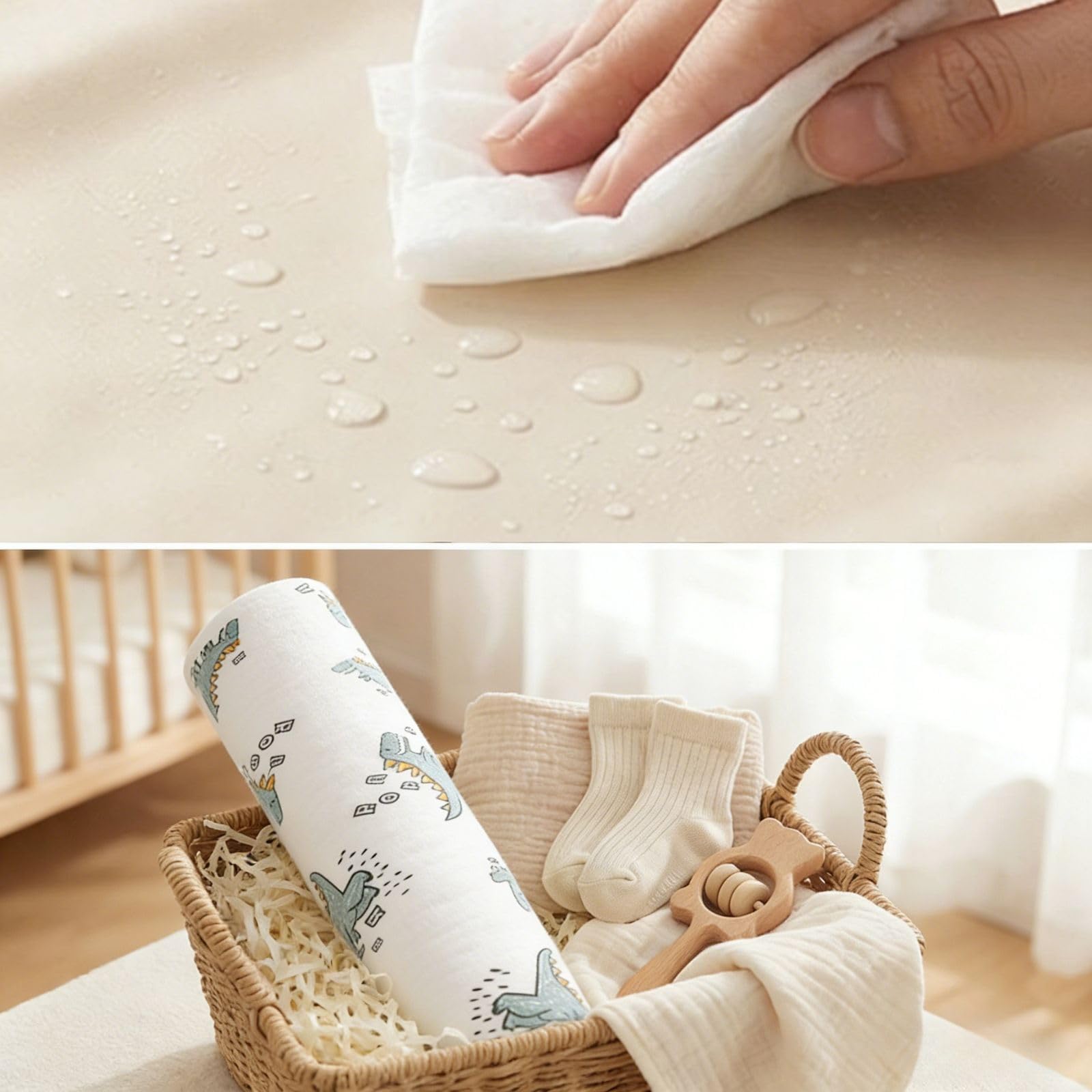 Cambiador de pañales para bebé, 19.7 x 25.6 pulgadas, impermeable, con parte superior frontal de algodón 100% muselina y parte trasera de cuero, cambiador portátil suave y absorbente para viajes