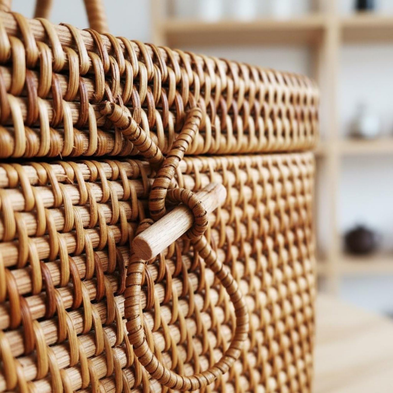 Caja de Ratán con Tapa Agarraderas Portátil Cesta Tejida de Mimbre Multiusos Baúl Almacenamiento Estilo Retro para Dormitorio, style to 1