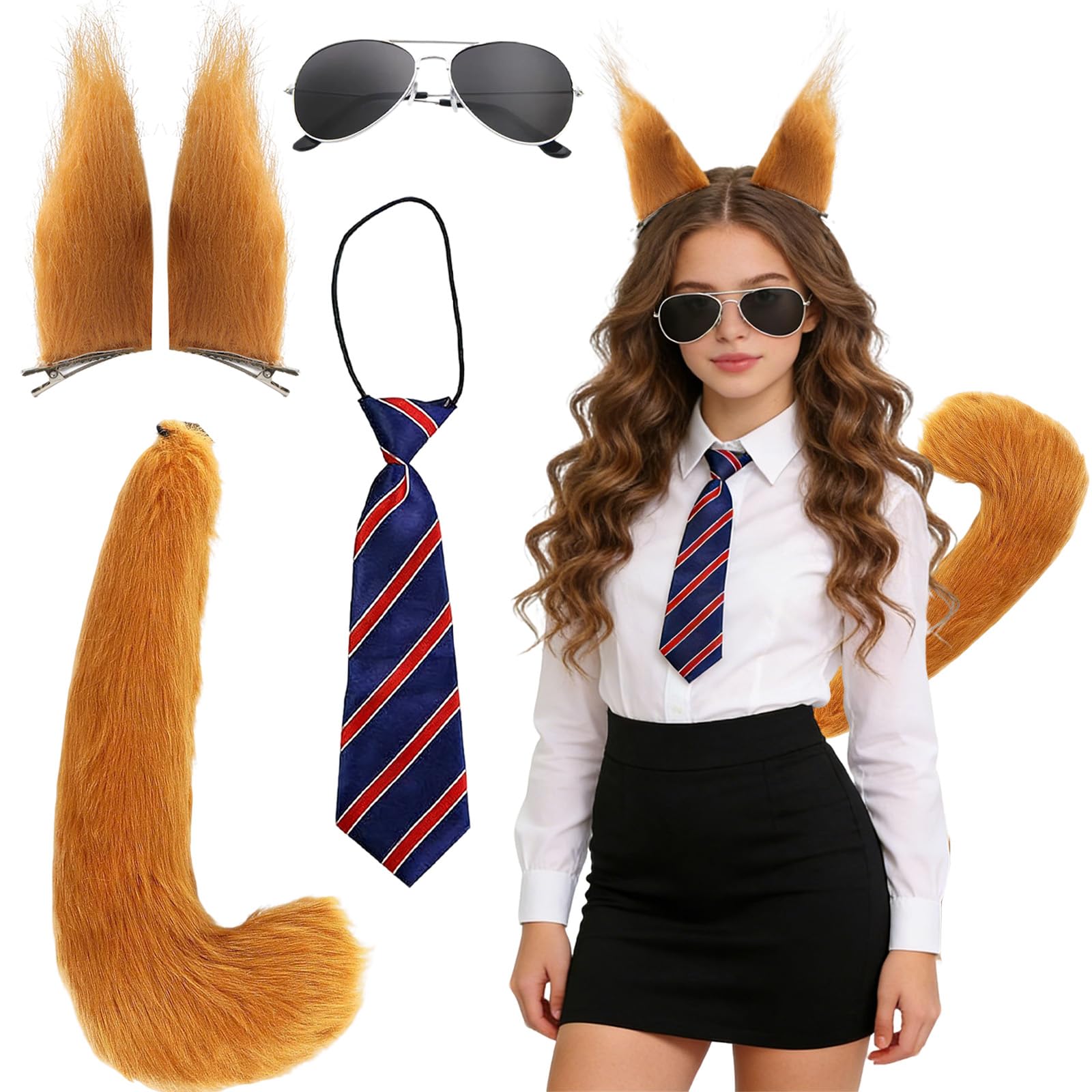 Atomvia 4PCS Fox Costume Accessories Set, Fox Ears Clips, Fluffy Fox Tail, Striped Tie & Sunglasses, Animal Fancy Dress Cosplay Costume for Halloween Carnival Christmas Party