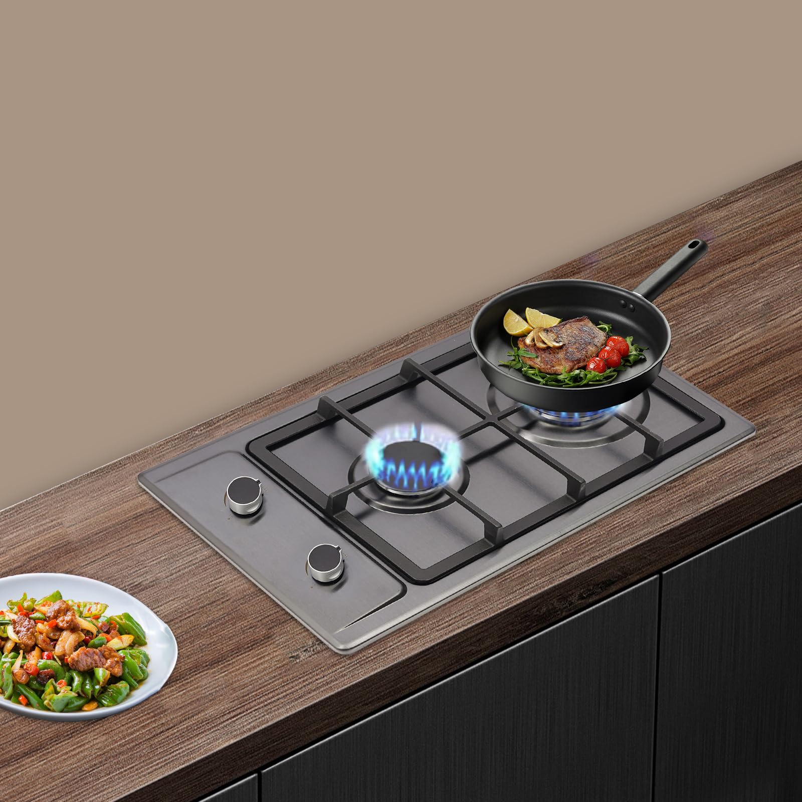 Cocina de gas para interiores, estufa de gas portátil de 2 fuegos con válvula reductora de presión, manguera de 1,5 m, placa de gas para el hogar, cocina, camping, jardín, catering, 6 kW