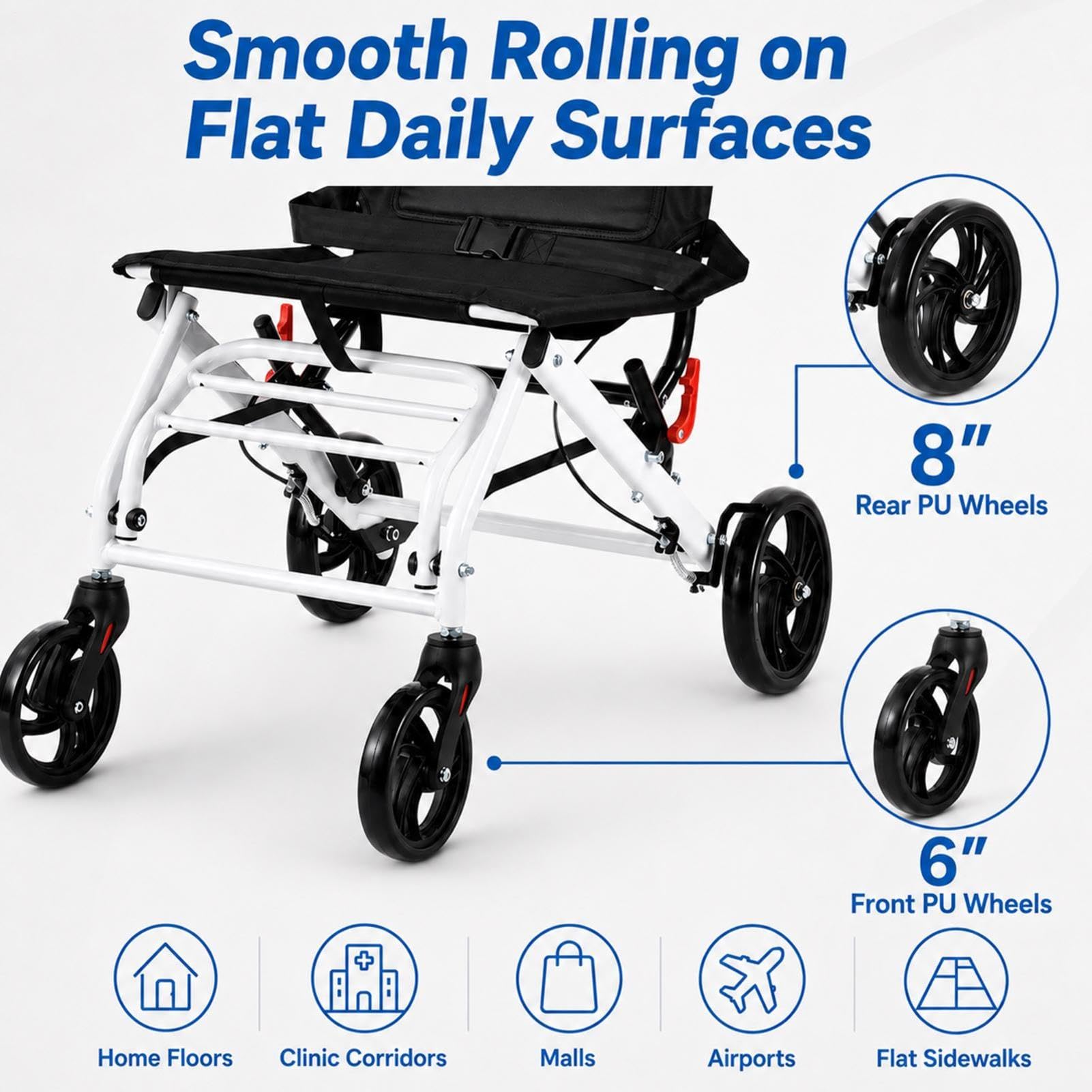 Rollstuhl Faltbar Leichtgewicht 8,2 kg – Transportrollstuhl mit Handbremse, Reiserollstuhl für Senioren & Behinderte, Belastbar bis 100 kg, Kompakt für Reisen Innen & Außen