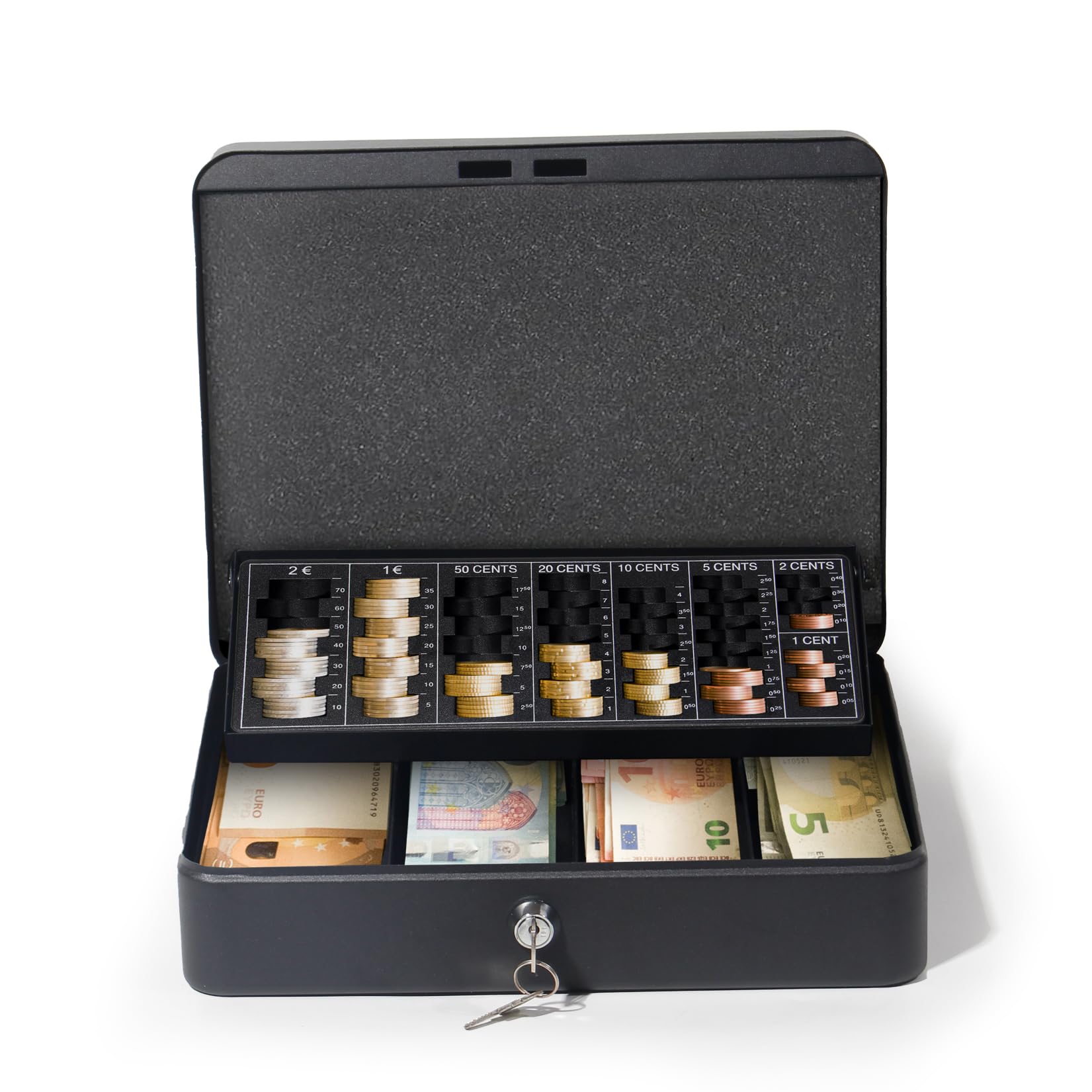 GREELUE Geldkassette mit münzzählbrett, 30x24x9 CM, Kasse Abschließbar, Cash Box Groß, Spardose, Geld organizer (Schwarz-30cm)