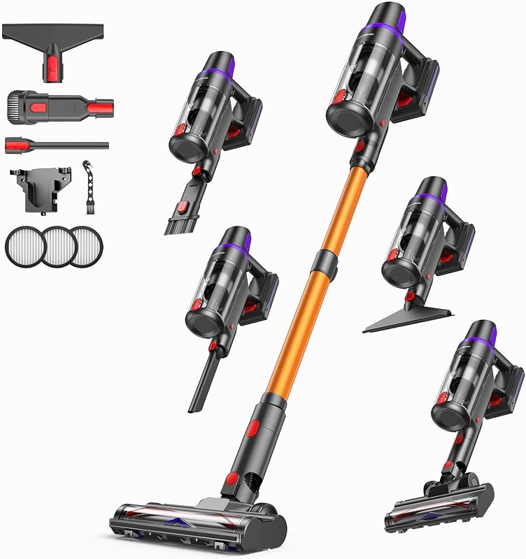 Cordless Vacuum Cleaner,450W 40Kpa Vacuum Cleaners for Home,Up to 60 Min Runtime,Tangle-Free Brush,8-in-1 Versatile & Self-Standing for Hardwood Floors, Carpets, Pet Hair