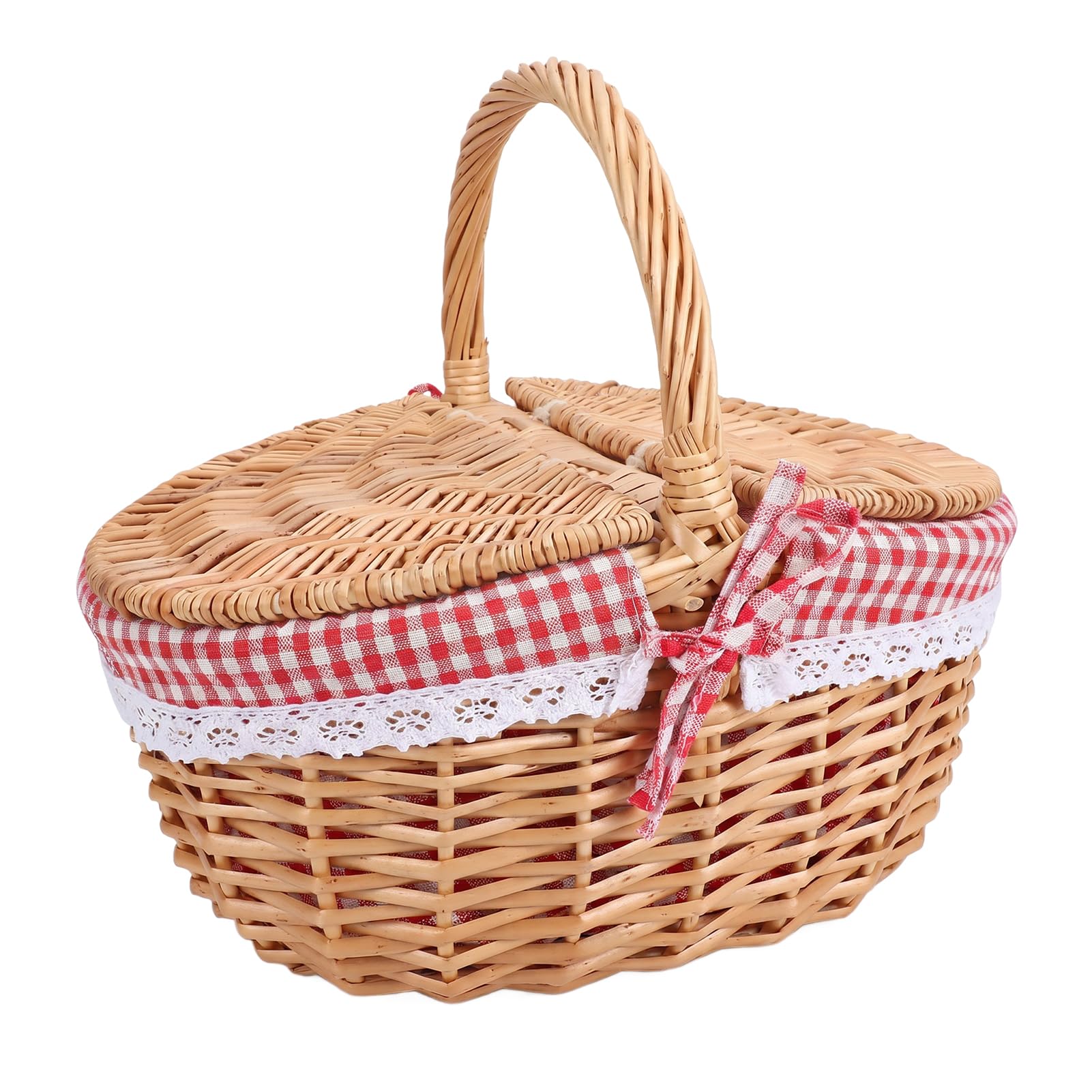 Generic Cestino da Picnic in Vimini Elegante Doppio Coperchio e Manico per Campeggio, Raccolta di Verdure, 13,19x9,65x11,81 Pollici (Griglia Rossa)