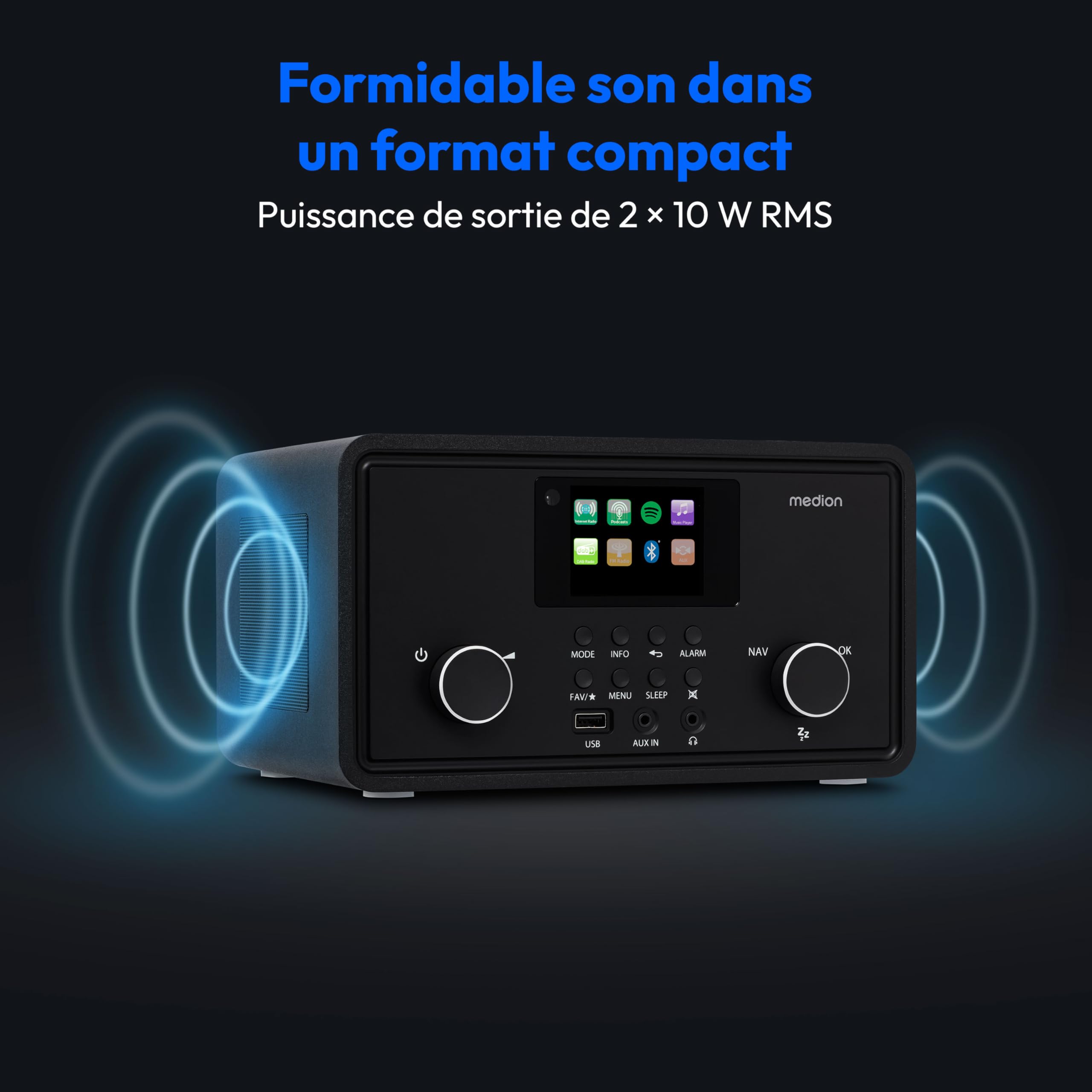 MEDION Radio Internet P85027 (Dab Plus, Radio FM, Spotify Connect, WLAN, Bluetooth, Streaming, égaliseur, écran Couleur, USB, AUX, réveil, Fonction Snooze, minuterie d'arrêt) Noir