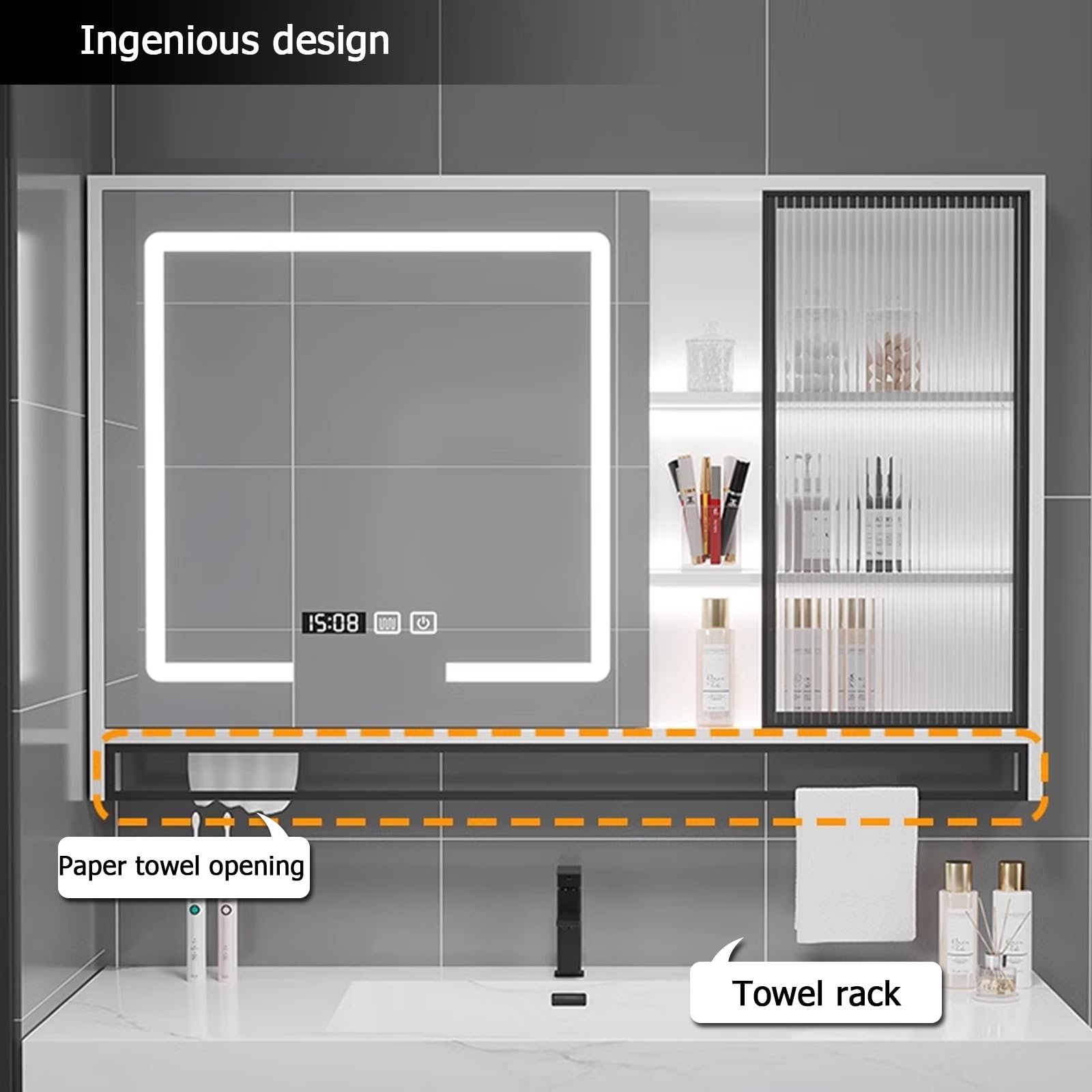 Moderno armario con espejo de baño LED con iluminación montado en la pared, espejo de baño blanco con soporte para toallas, 51 x 29.5 pulgadas, diseño elegante para baños elegantes
