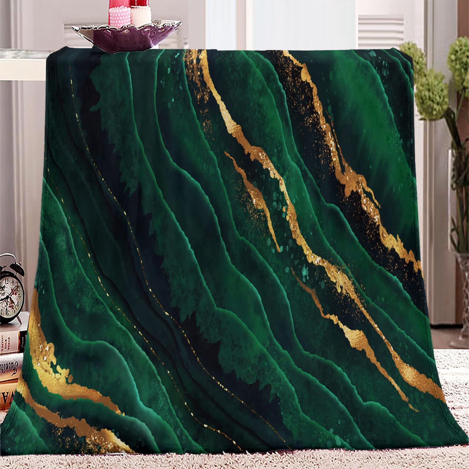 Emerald Green Gold Marble Stripes Fleece Throw Blankets 150x200 cm, Warm Blanket Gifts Cozy Soft Lightweight Flannel Blankets Throw for Kids, Adult, Throw Blanket for Couch, Sofa, Bed, Camping