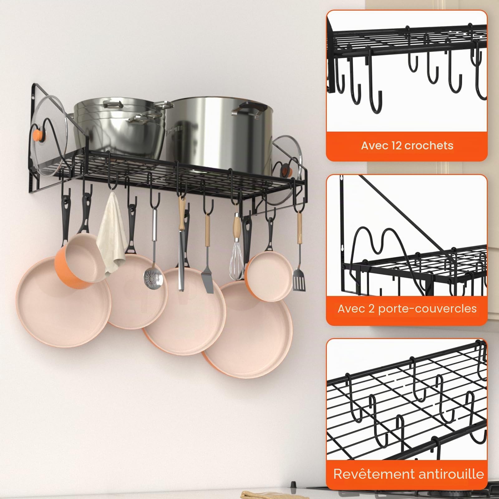VyGrow Étagère murale à suspendre pour casseroles et poêles avec 12 crochets et 2 supports pour couvercles de casseroles, en acier robuste, pour ustensiles de cuisine, ustensiles de cuisine