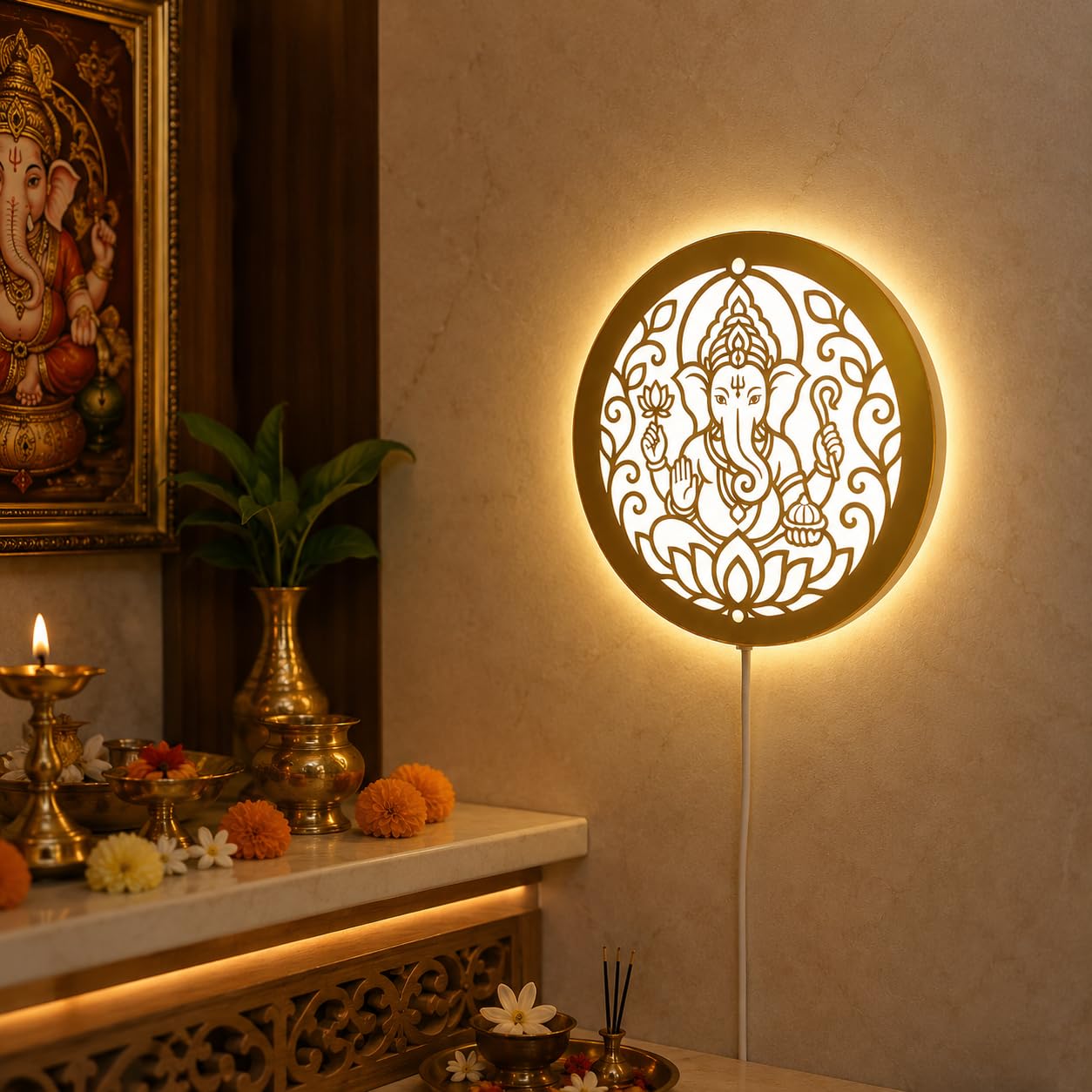 Heartily 19 cm Beautiful LED Wall light, Wall Art for Pooja room, Yoga, Living room, home decor and office, Lightweight Ready-to-Hang Wall Lamps (Divine Ganesh)-image-35