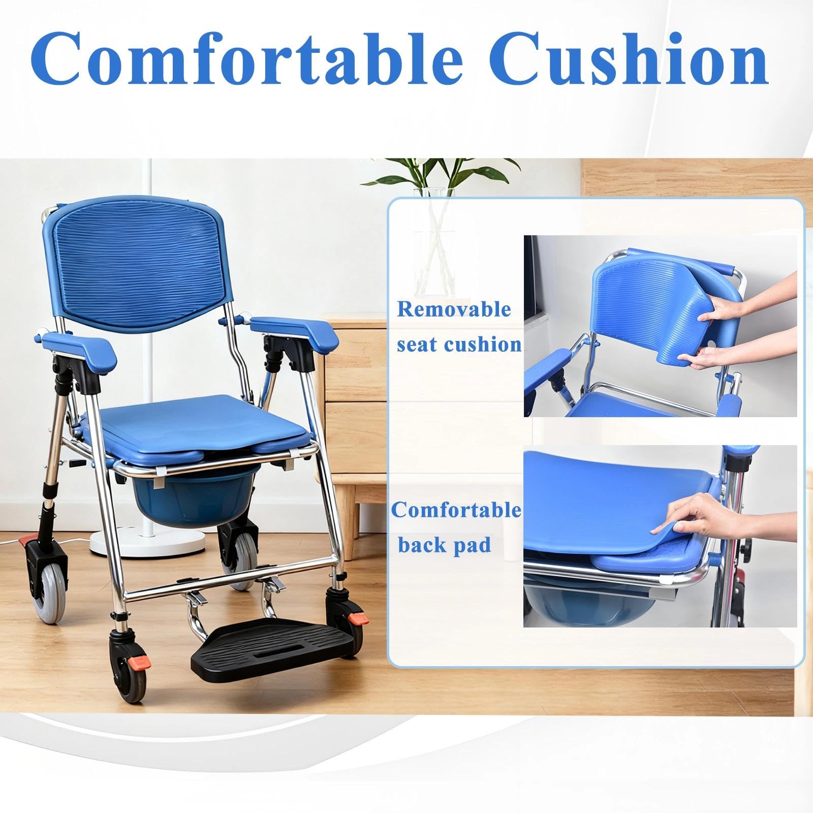 Silla Ducha con Ruedas para Personas Mayores, Azul Silla Ducha Plegable WC Portátil, 4 en 1 Silla con Inodoro Incorporado y 4 Ruedas de Bloqueo para Adultos, Capacidad de 150kg