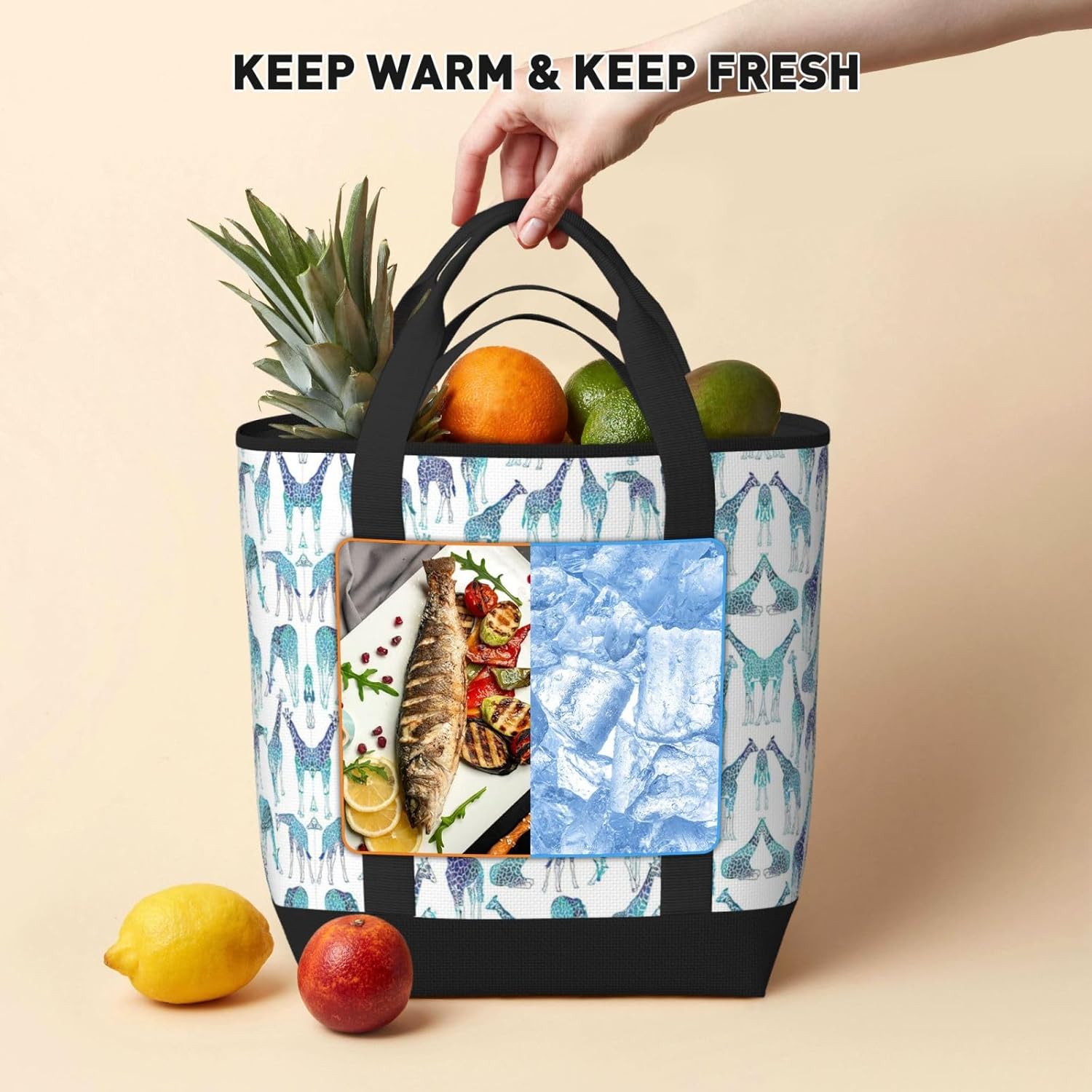 Giraffe Pattern Print Large Cooler Bag Tote Bag,Reusable Grocery Bag,Lunch Box Bag, For Picnic Beach Camping