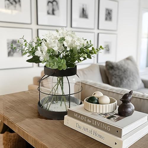 Miniatura 2 de Jarrón de vidrio de granja con flores, jarrón vintage con 1 pieza de hortensia y 5 piezas de ramas de eucalipto, botella de vidrio envejecido