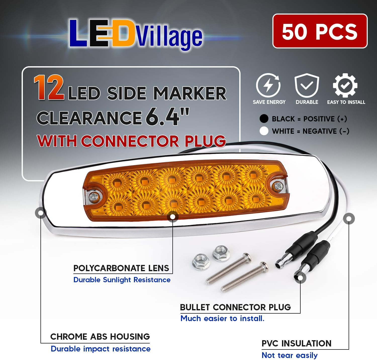 50 Pack Amber LED Side Marker Lights with 2-Wire Plug 12LED Waterproof Clearance Fender Lamp for Trailer Truck RV SUV Surface Mount with Screws 12V DC