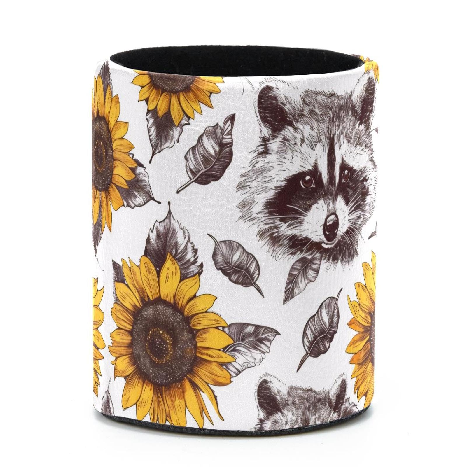 VAPOKF Round Pencil Holders for Desk, Raccoon Sunflowers Pen Holders Pen Pot Makeup Brushes Storage Desktop Stationery Supplies Organiser for Home Office