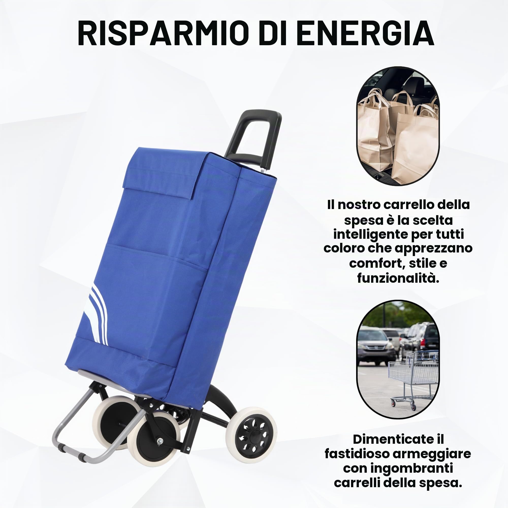 Trolley per la spesa pieghevole da 40 litri idrorepellente, Shopping Trolley, carrello della spesa pieghevole, borsa per la spesa con 4 ruote, cestino per la spesa con ruote (Blu/Bianco)