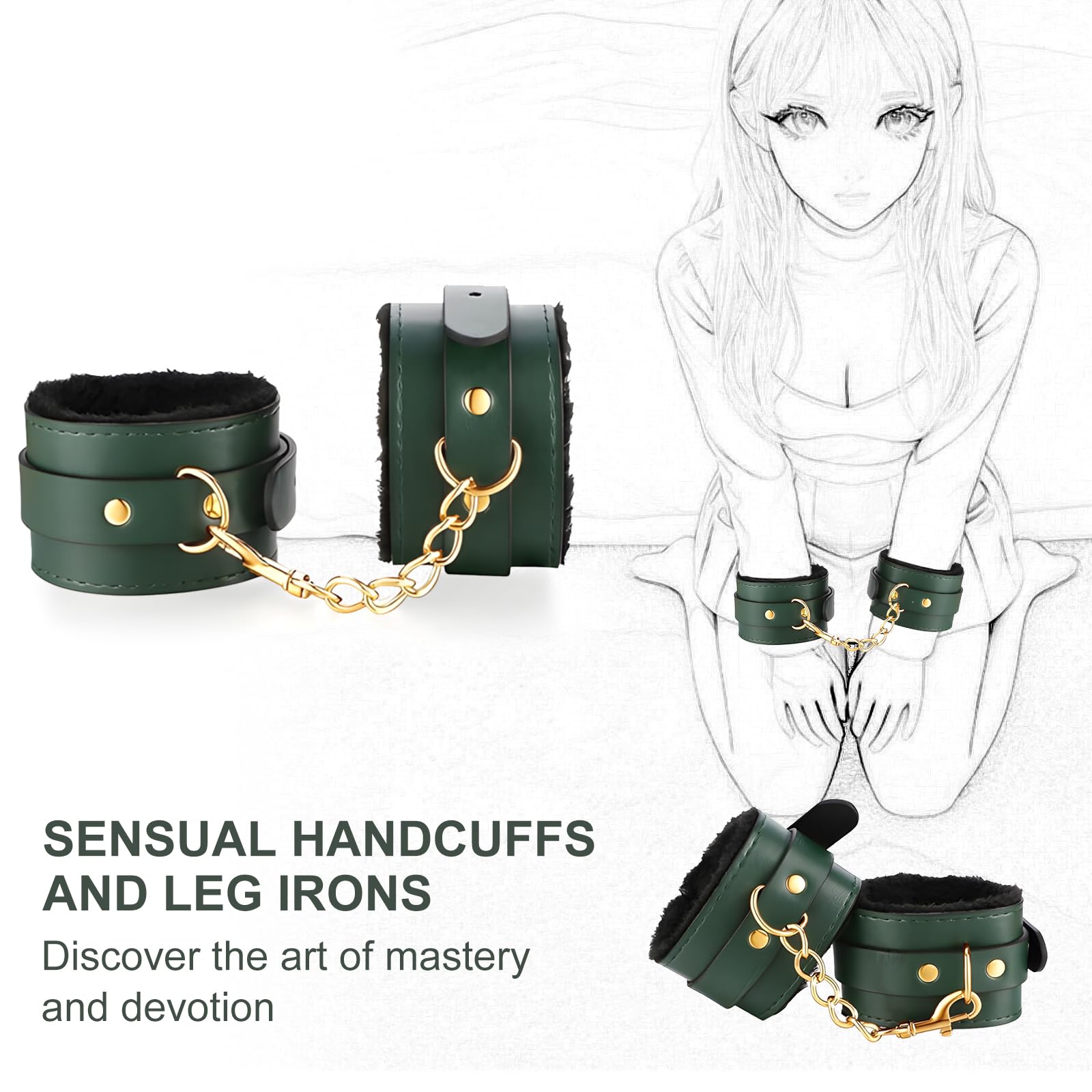 Bondage Set 15 Pièces BDSM Kit de Contrainte Réglable pour Couples avec Menottes Bandeau Bâillon & Fouet Équipement de Bondage pour Débutants à Avancés Durable et Doux pour la Peau (Vert)