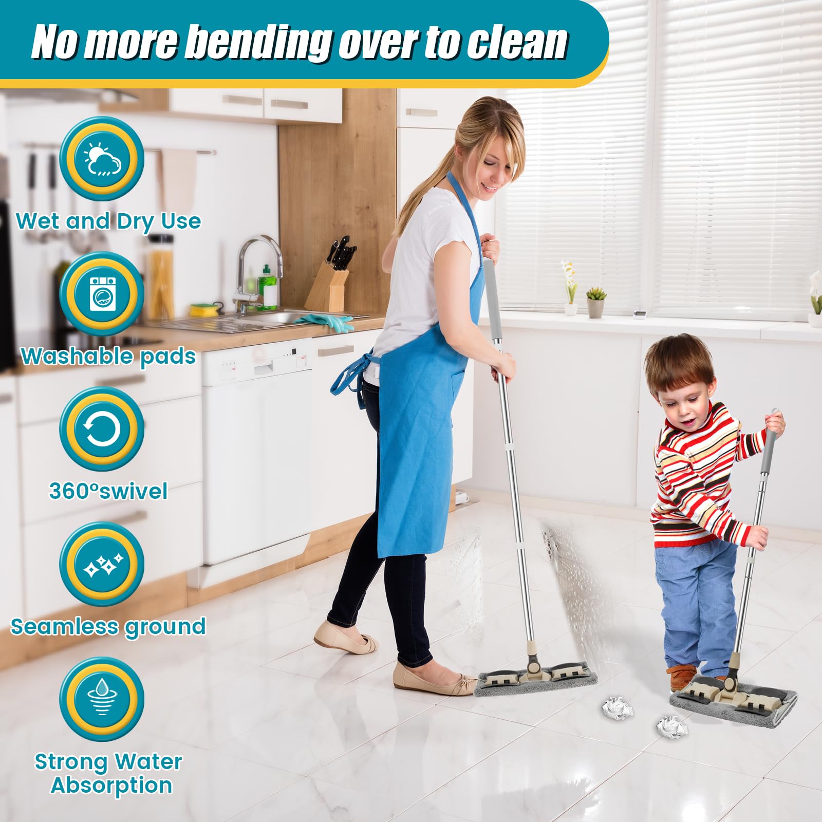 Mop z mikrofibry z regulowanym uchwytem, obracający się o 360°, mop do czyszczenia podłóg z 3 zapasowymi podkładkami, skrobak, przenośny, płaski mop podłogowy, mop do czyszczenia na mokro lub na