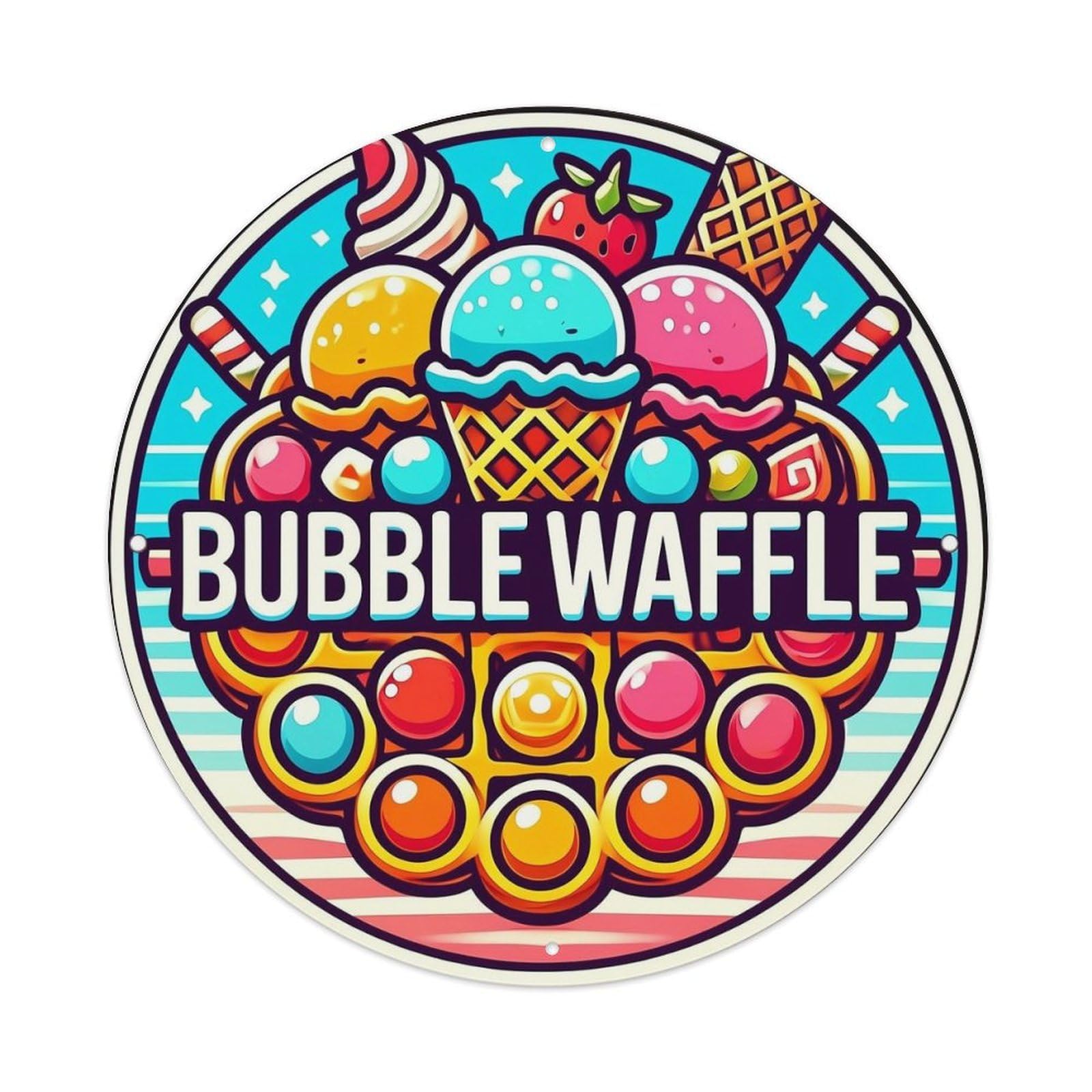 Colorful Ice Cream Waffle Pattern Retro Metal Sign Round Tin Sign, Vintage Decor Art Poster for Bar, Home, Man Cave, Kitchen, Laundry Room Gift 8x8Inch