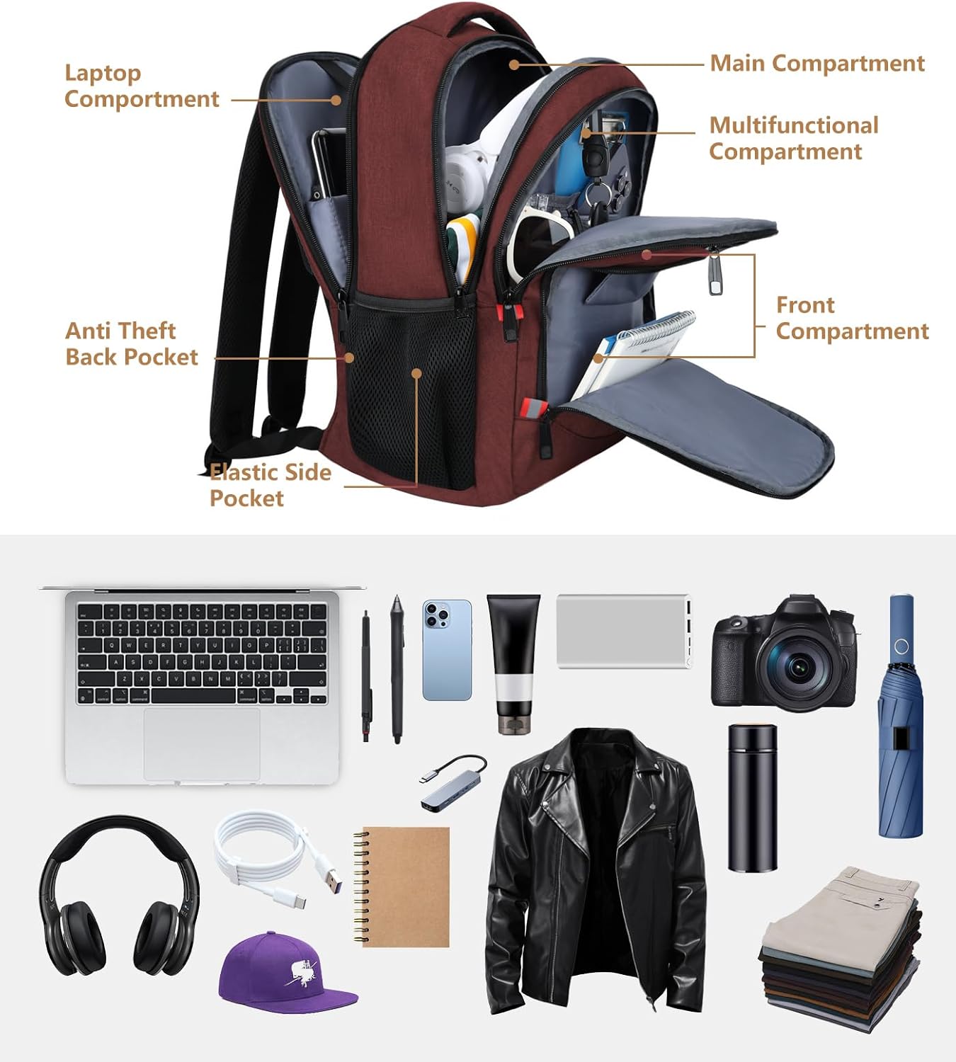 Skaypibs Backpack for Women Men, Travel School Backpacks for Teen Boys, Bookbag with USB Charging Port, Anti Theft College Backpack Fits 15.6 Inch Laptop, Casual Work Business Back Pack, Red
