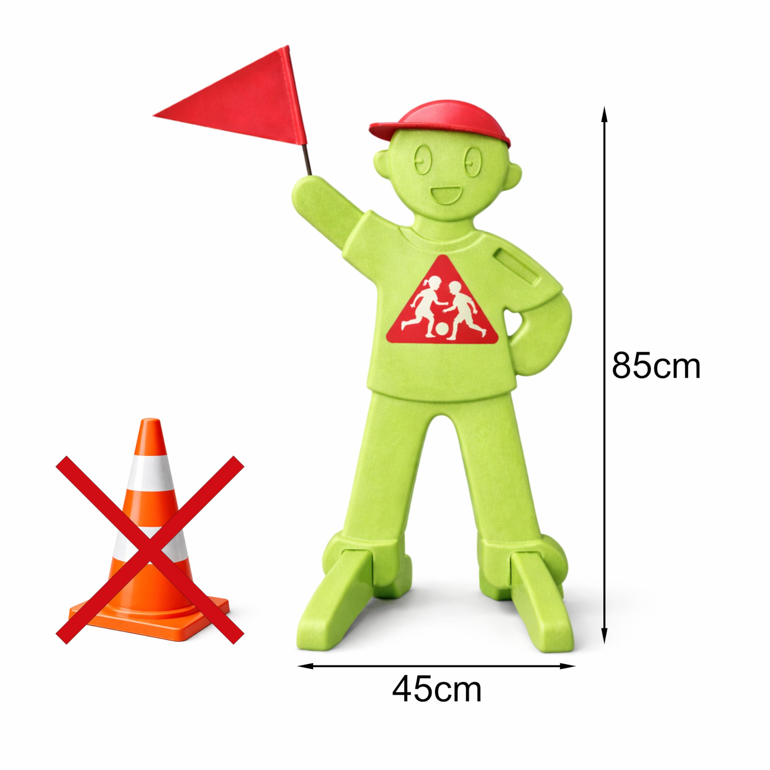 PlaySafe – Figura de advertencia para niños con bandera, señal de advertencia para niños que juegan, soporte reflectante para advertencia de tráfico, conducción lenta (verde)
