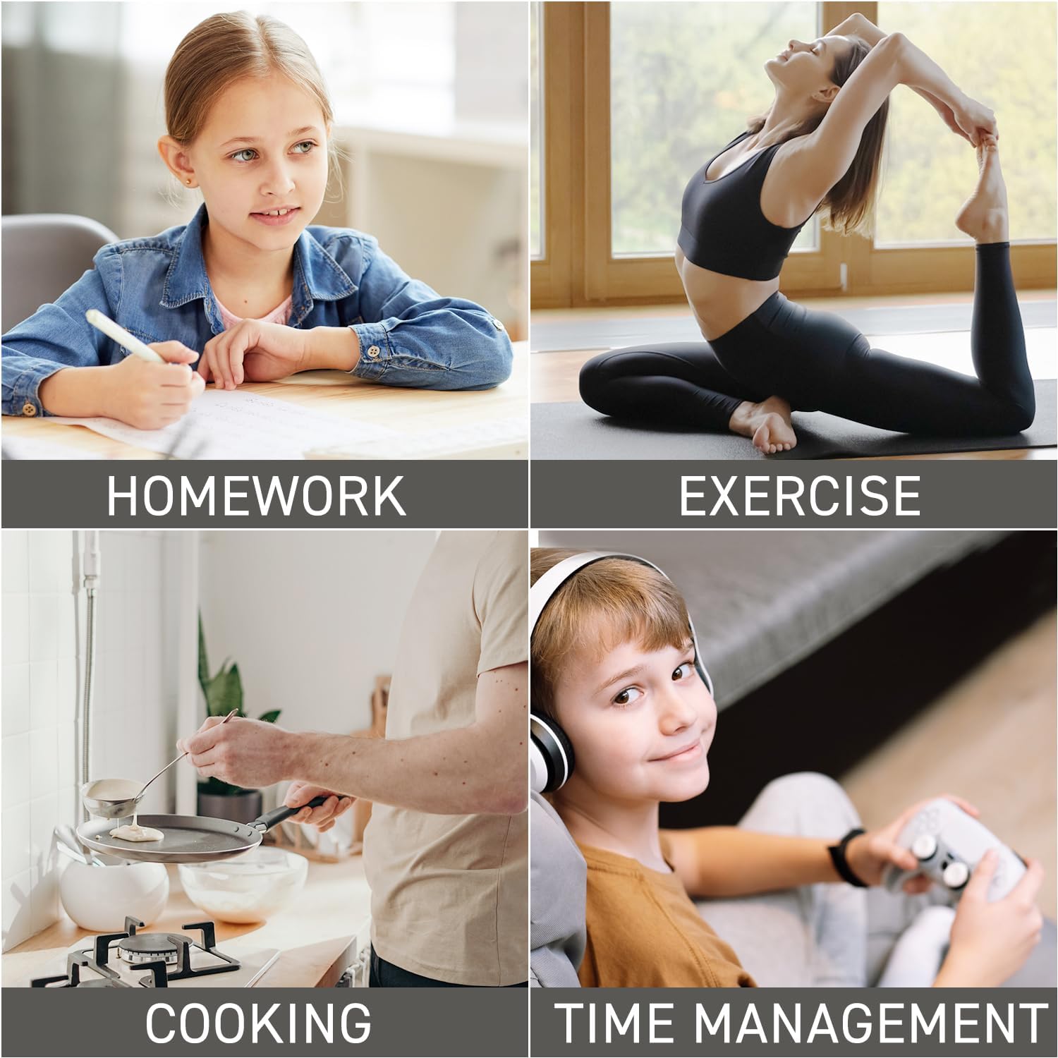 Four images showing the dretec Digital Kitchen Timer being used for homework, exercise, cooking, and time management