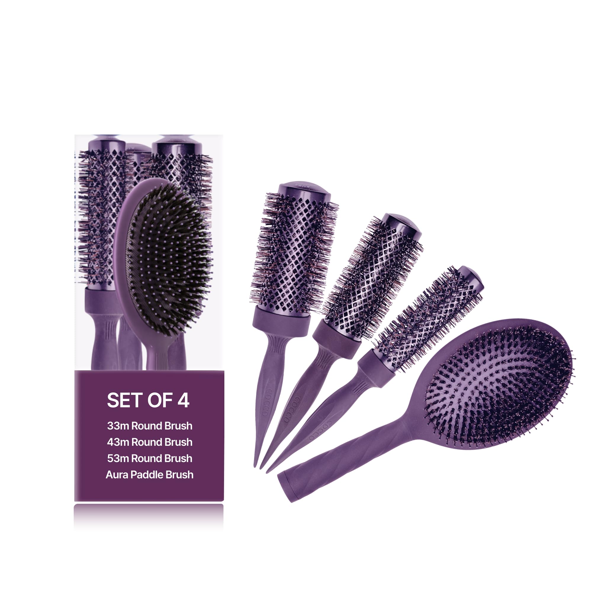 COCCO Aura Brush - Juego de cepillos redondos y de cerámica para mujer, secado y control del encrespamiento, cerdas de turmalina, agarre ergonómico, juego de peinado completo, color morado