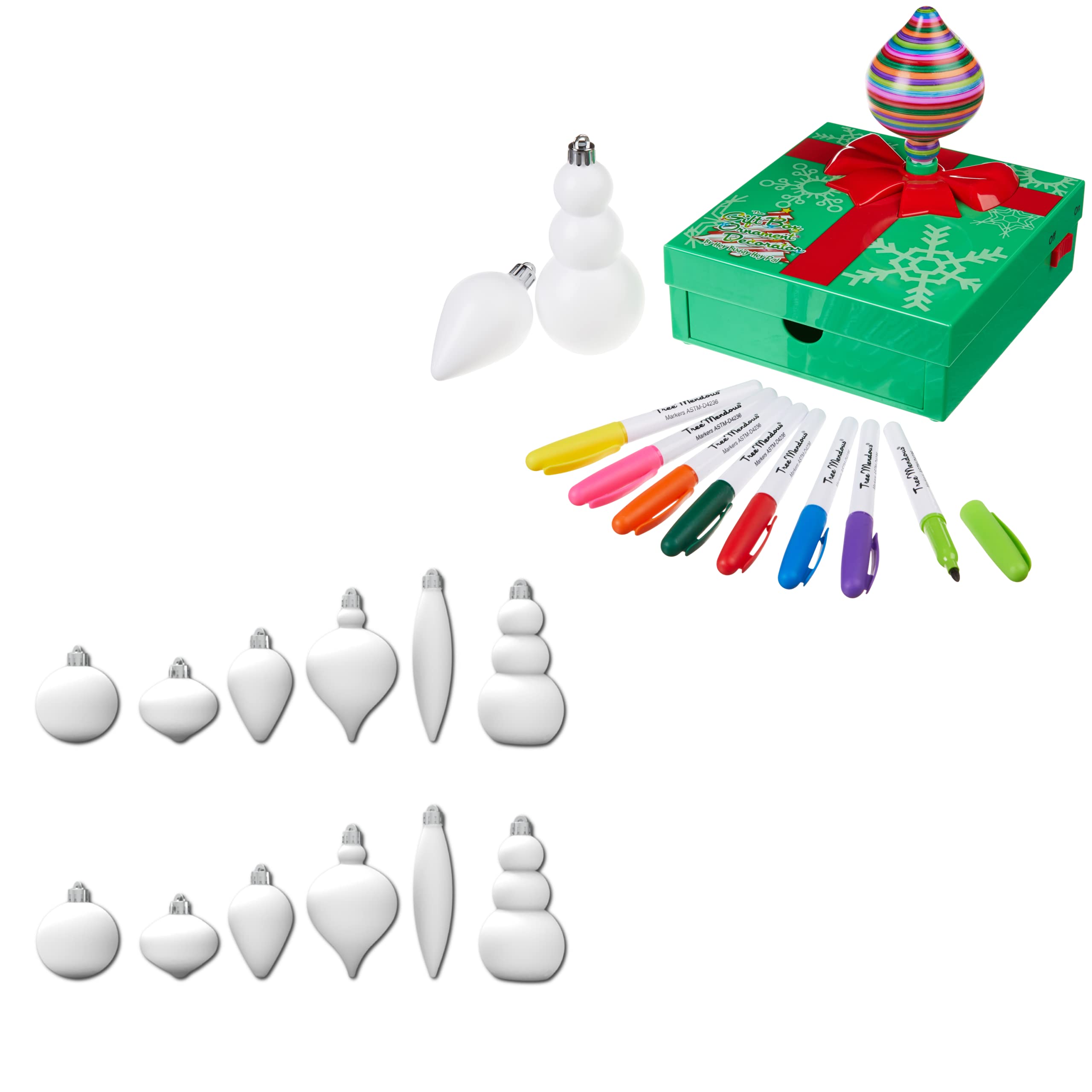 The Treemendous Ornament Decorator The Gift Box Ornament Decorator by Treemendous & 12 Count Variety Ornament Refill Bundle [Cap Colors May Vary]