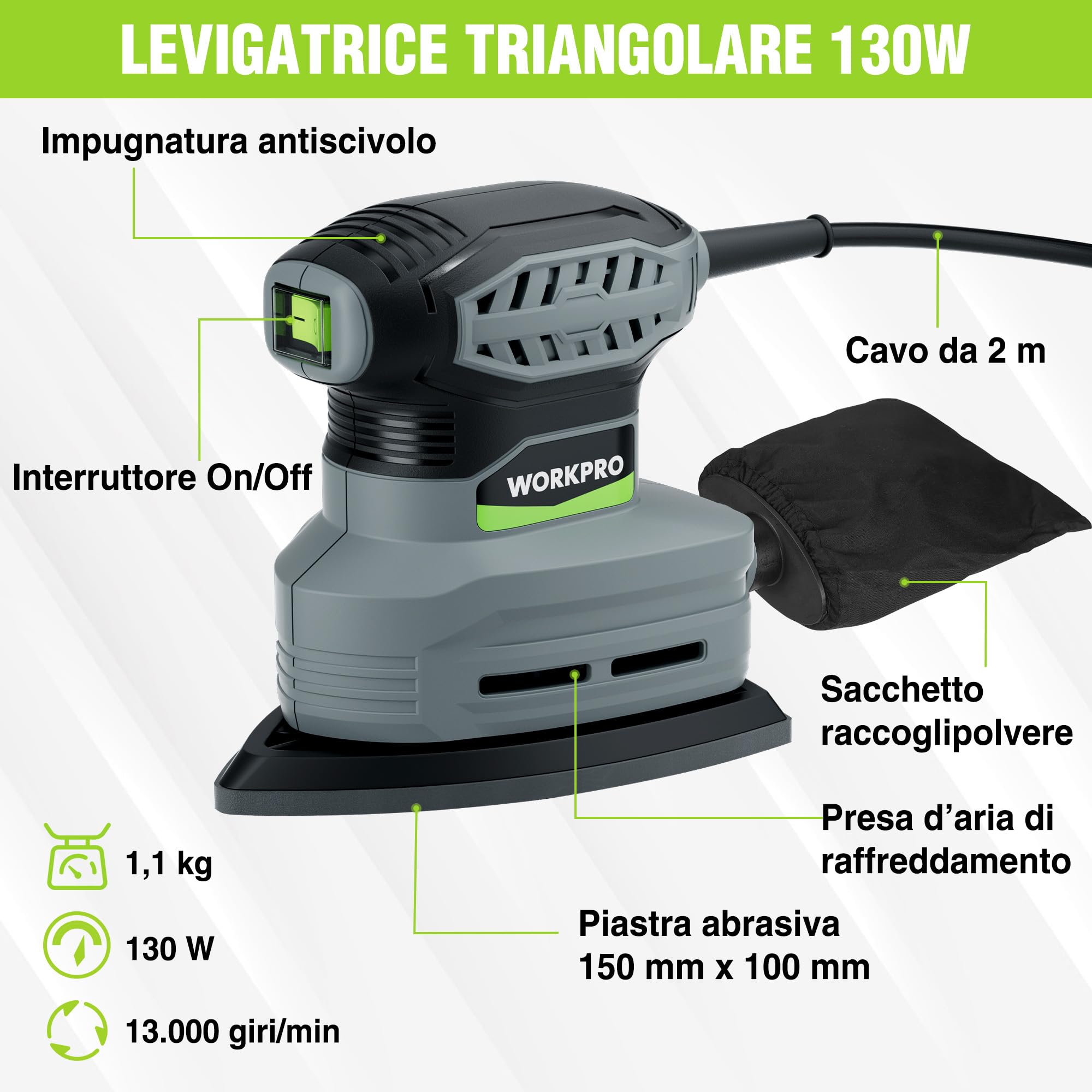 WORKPRO Levigatrice Delta 130W, 13.000 giri/min, con aspirazione polvere e 20 fogli abrasivi. Compatta e potente, ideale per levigare legno, metallo e angoli, perfetta per lavori di precisione