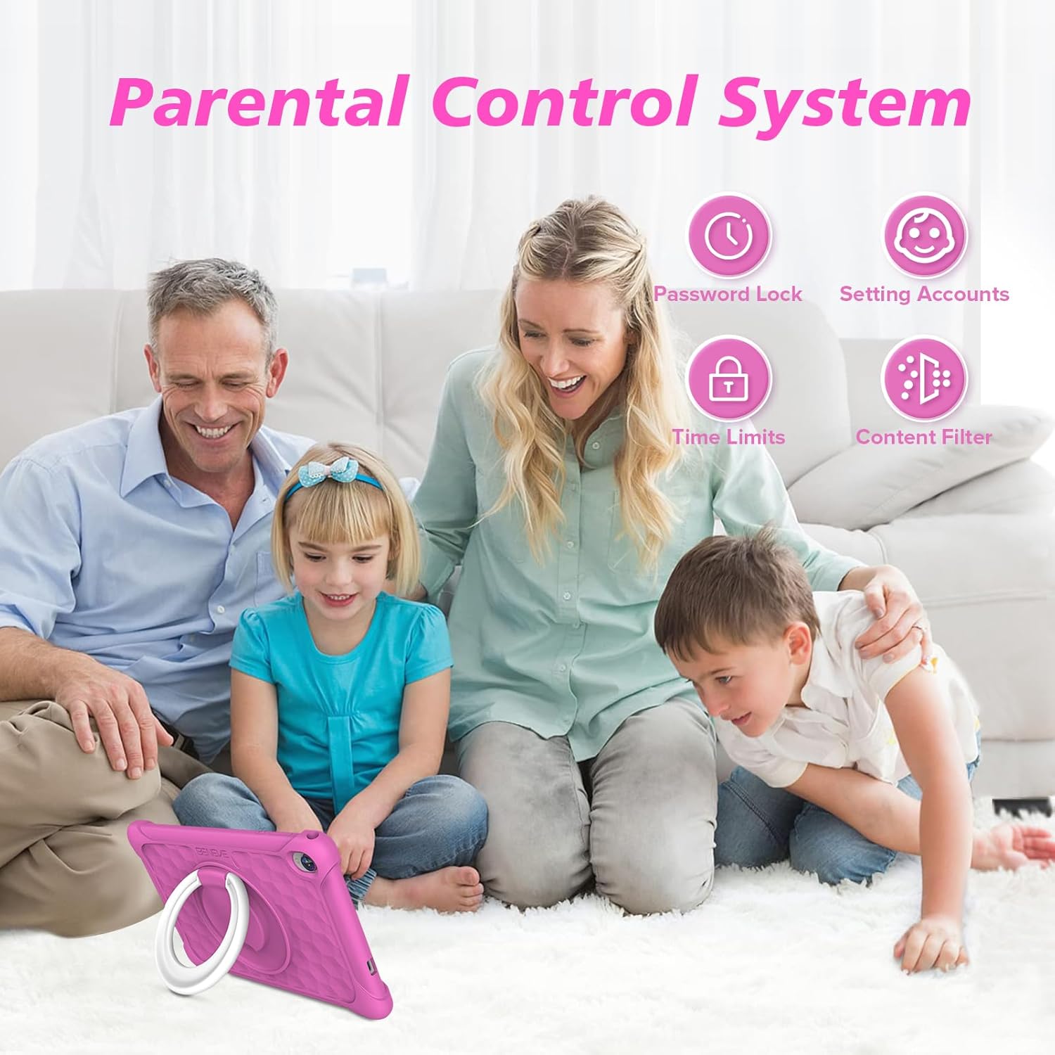 BENEVE Tablet Bambini 10 Pollici Android 13 Tablet,7GB RAM 64GB ROM/WiFi/5+2MP/6000mAh/Bluetooth/Controllo Parentale Apprendimento Educazione Tablet PC con Custodia (Rosa)