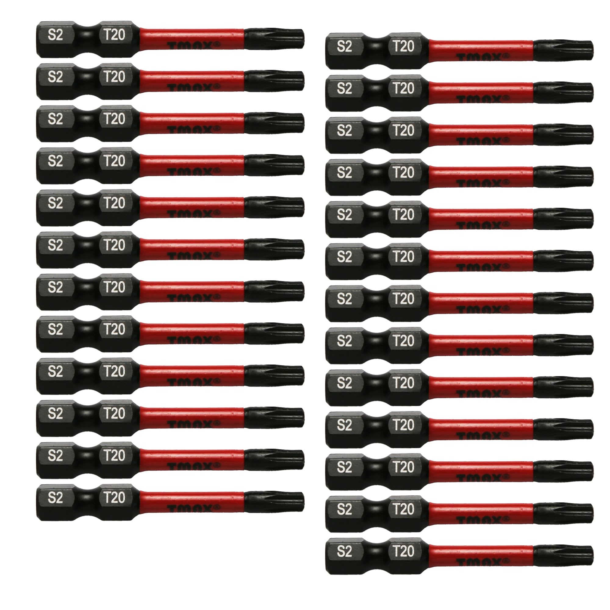 25pc T20 Black Impact Torsion Screwdriver Insert Bit Set Torx Star 6 Point T-20, 2 Inch Long with 1/4 Inch Hex-Shank S2 Steel, CNC Machined Tips with Storage Box