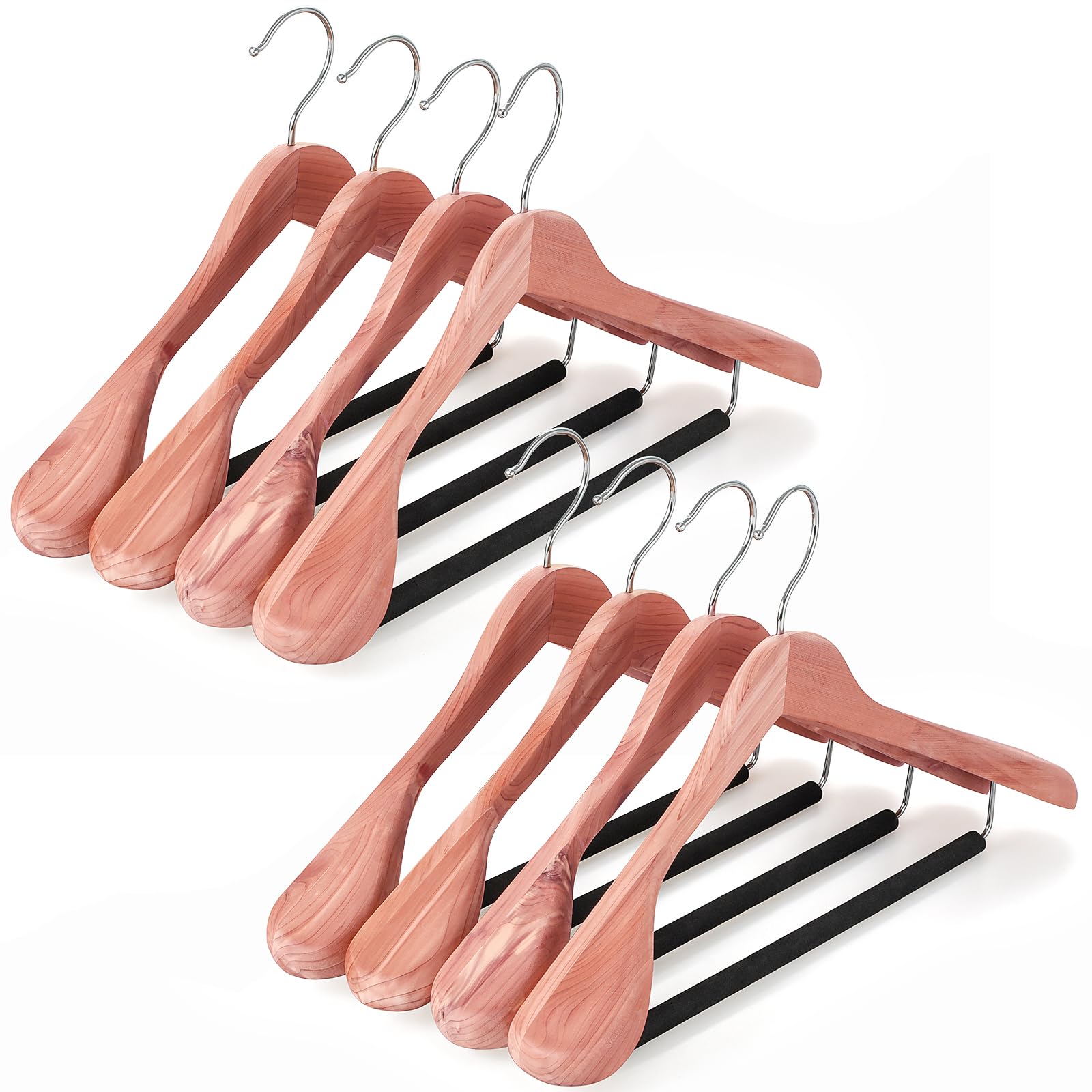 TOPIA HANGER Unfinished American Red Cedar Wood Coat Suit Hangers, Luxury Wooden Jacket Clothes Hangers, Wide Shoulder with Black Padded Pant Bar- 360°Flexible Hook, 8 Pack- Natural- CT07W-8