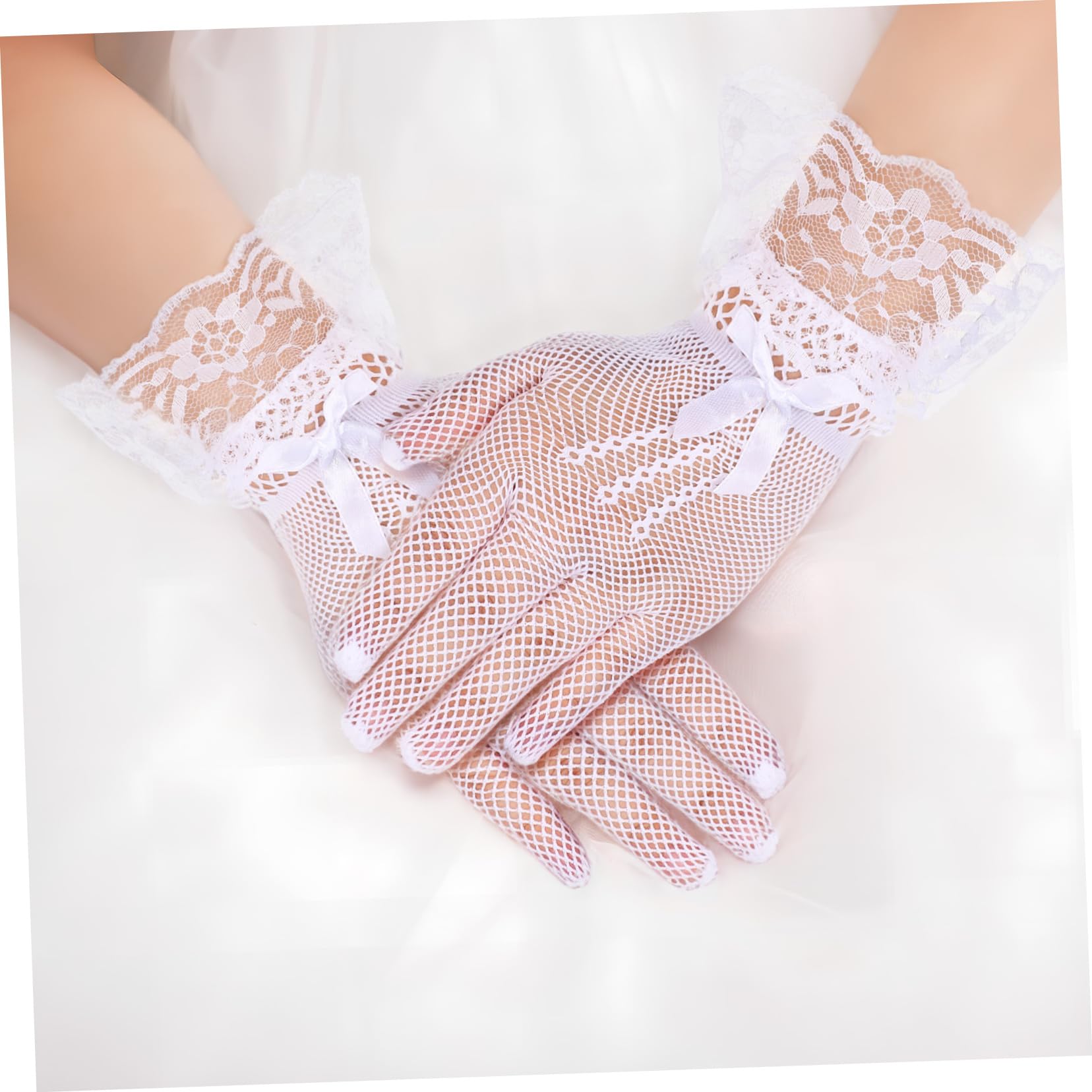 BESPORTBLE 12 Pares de Guantes de Malla para Boda, Blanco, Poliéster, Lentejuelas y Lazos, Cómodos y Reutilizables para Banquetes y Vestidos de Noche
