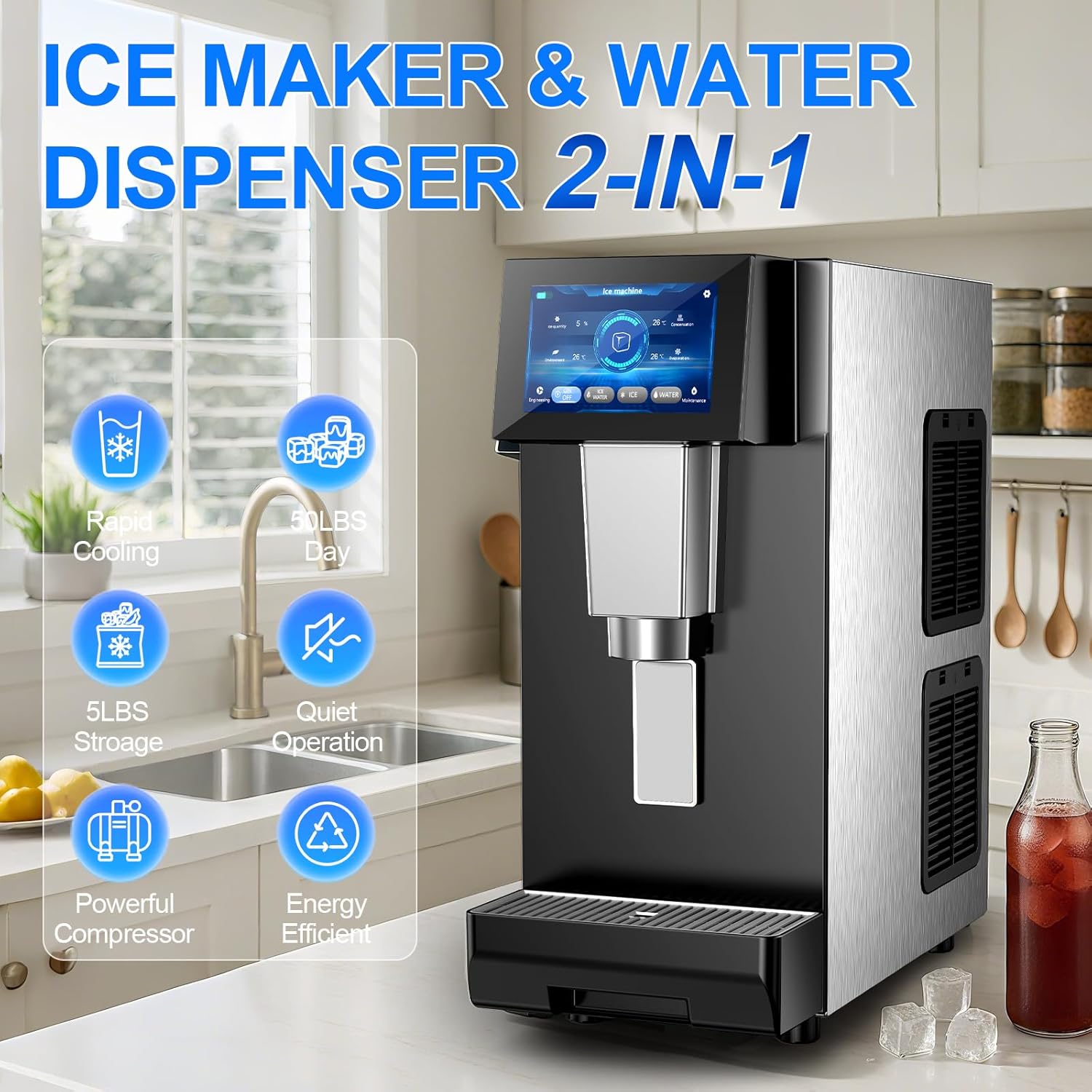 Nugget Ice Maker Countertop with Water Dispenser, 60Lbs/Day Pellet Ice Machine, 5Lbs Storage Bin, Soft Chewable Ice Maker with Self-Cleaning, Countertop Ice Maker for Home, Bar, Kitchen, Office