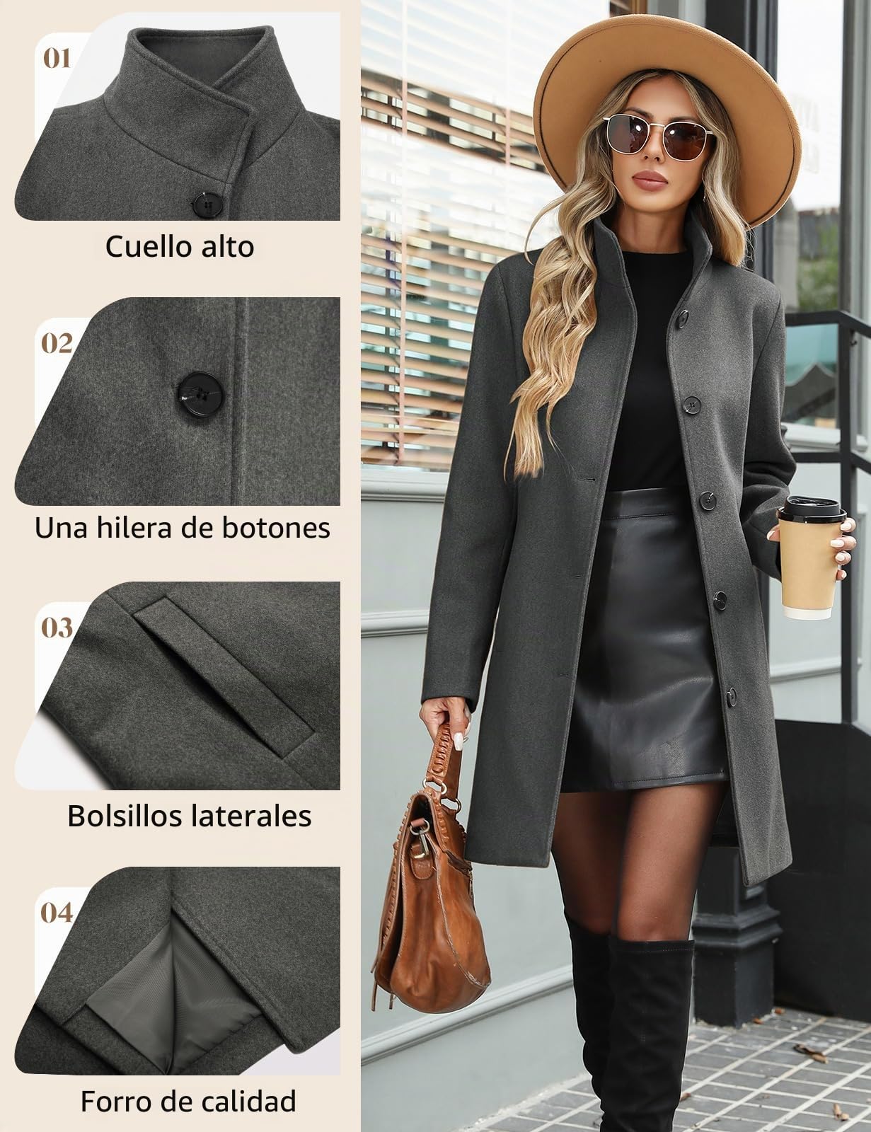 Abrigo Paño Mujer Invierno Elegantes Abrigos Largo Otoño Chaqueta Entretiempo Moda Gabardina Tench Coat con Botones
