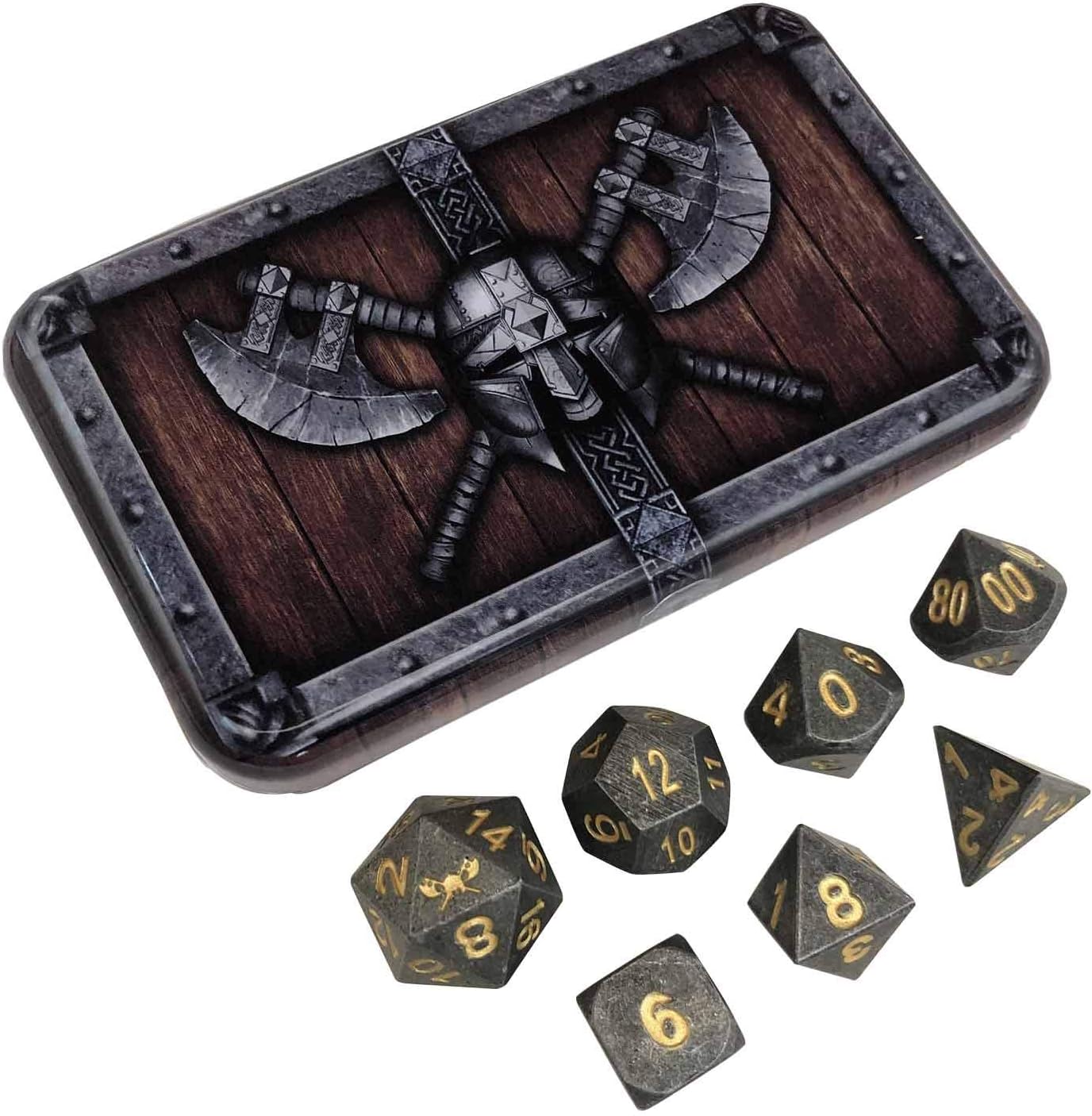SkullSplitter Metal DND Dice Set - Industrial Gray with Gold Numbers - Set of 7 Solid Polyhedral Metal Dice for RPG - Heavy Duty DND Dice for Tabletop RPG, Fantasy, Sci-Fi Games - Includes Metal Case