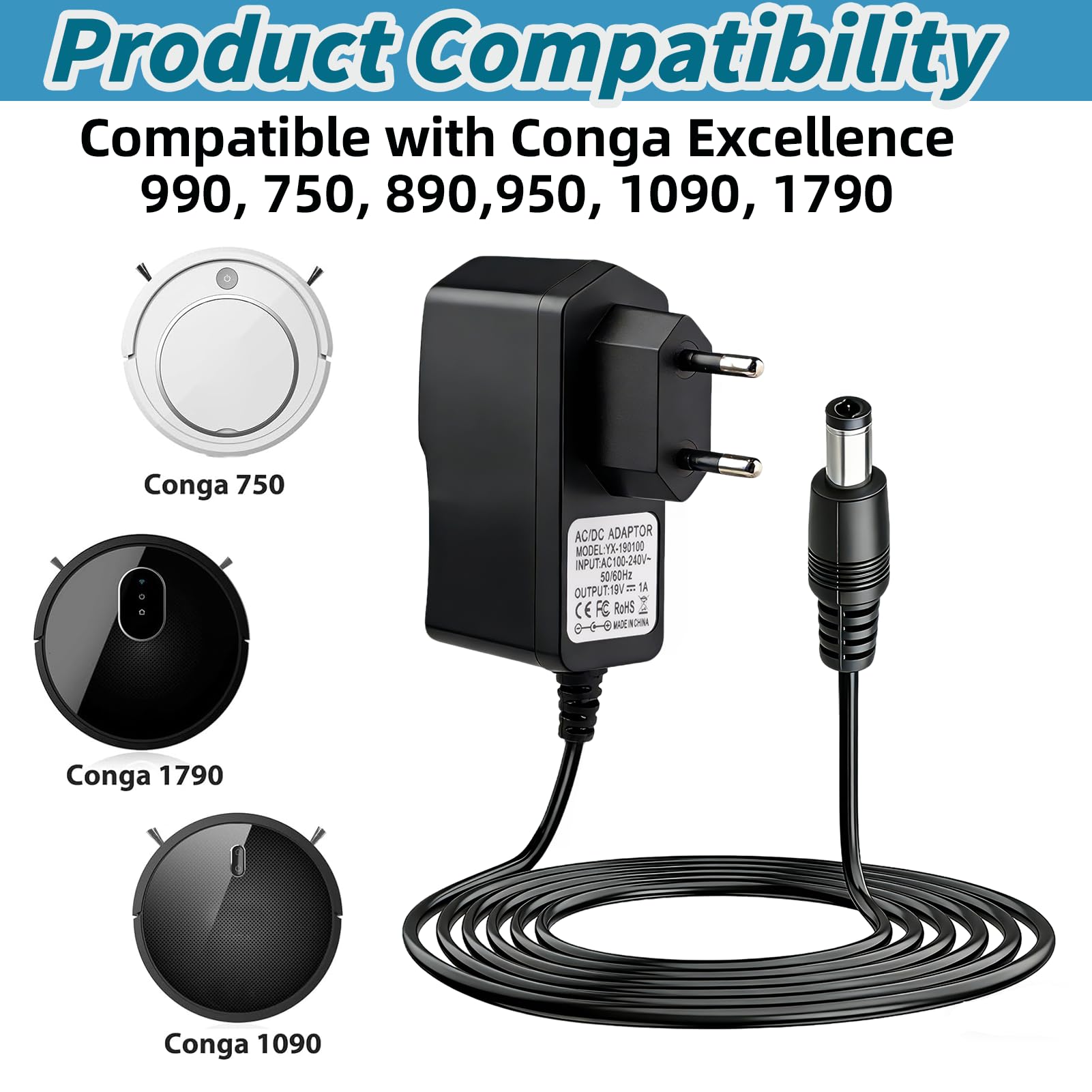 19V 1A Cargador para Conga Cecotec Robot Aspirador Excellence 890 990 750 950 1090 1790 Adaptador con Cable 2M para Aspirador Fuente de Alimentación Friegasuelos Eéctrico — view 2