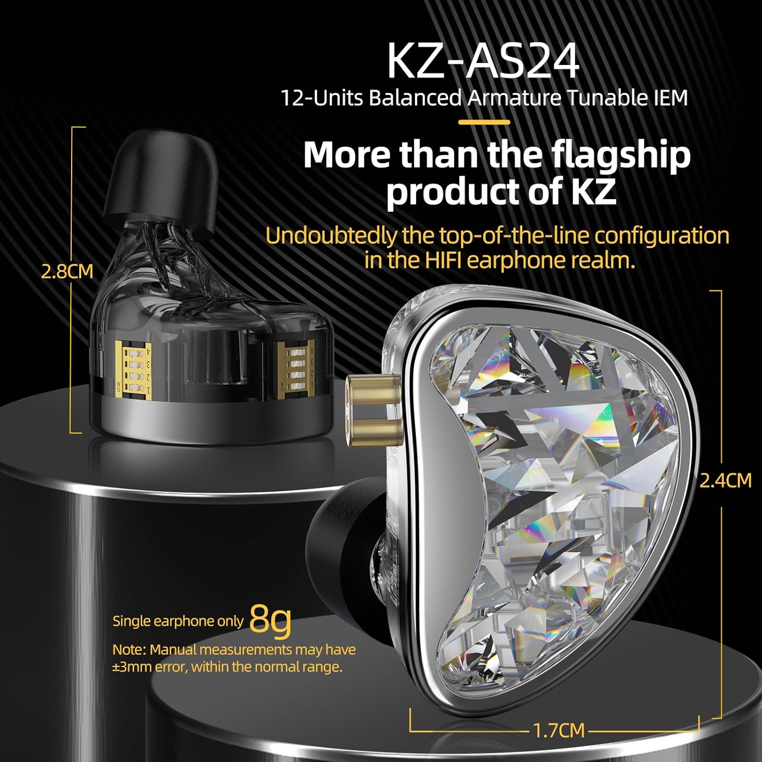 Diagram illustrating the dimensions of the KZ AS24 earphone, showing its compact size.