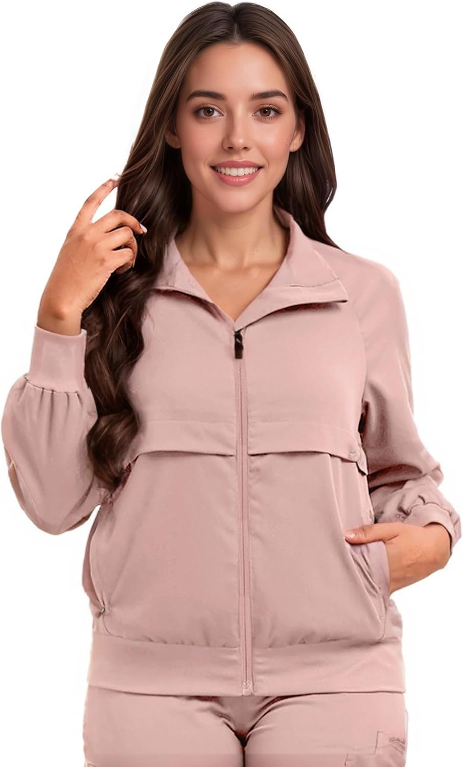 Meichoon Medical Scrub Jacket Warm Up Scrubs Jacket Nursing Jacket Long Sleeve Stand Collar Front Zipper Four Pockets