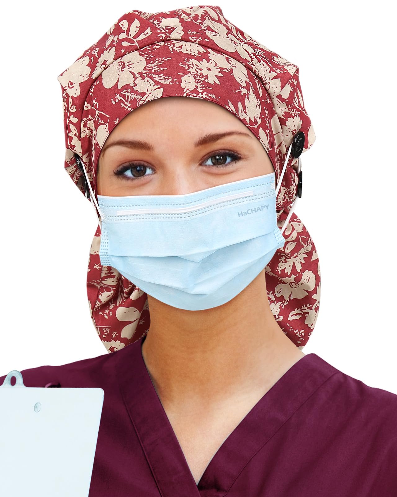 Satin Lined Scrub Cap for Women Extra Large Long Hair Surgical Nurse Cap 4 Buttons